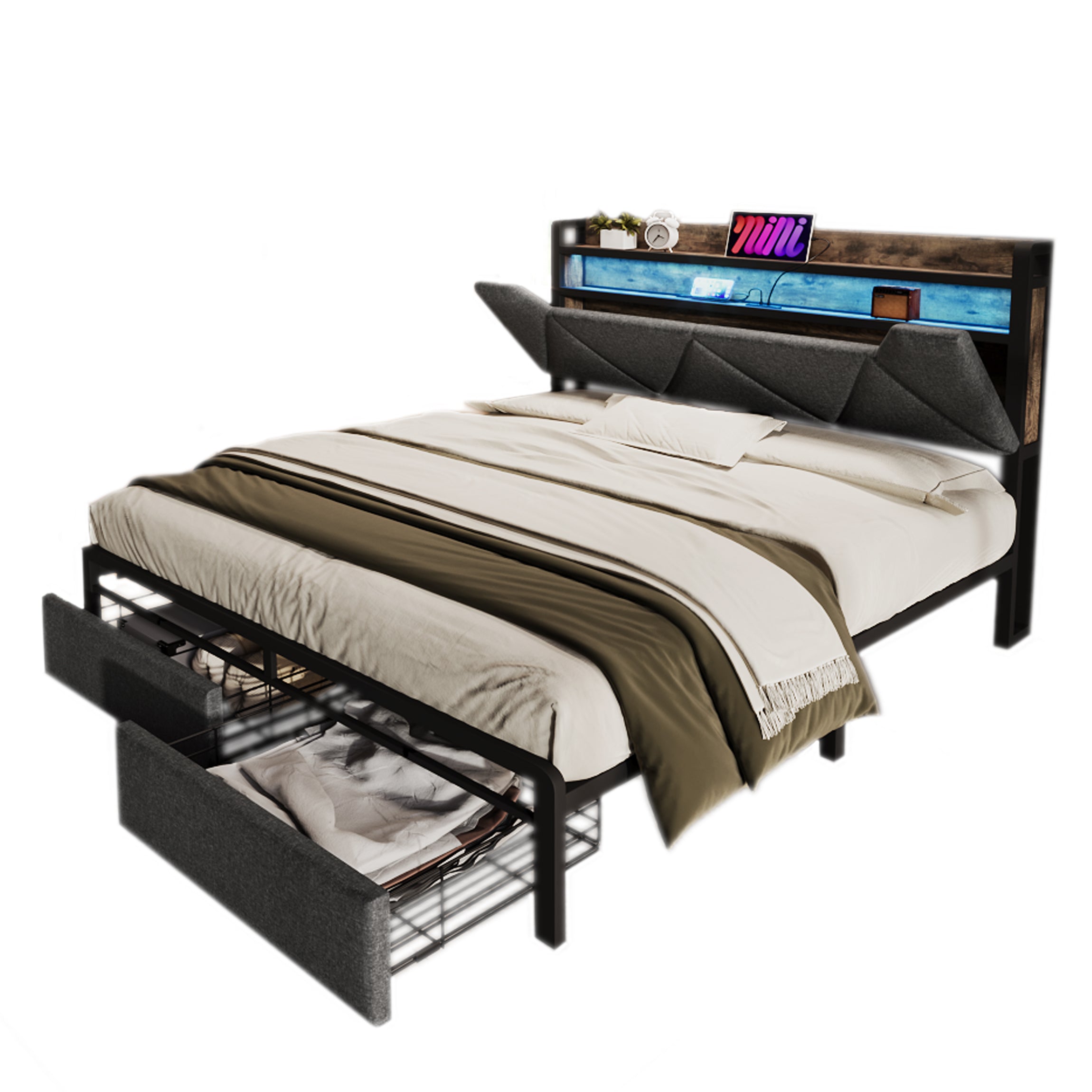 Upholstered Double Bed with LED Lighting, USB Type-C Charging Function, Storage Headboard and Drawers, 4ft6 Double Bed 135 x 190 cm, Storage Bed Frame with Metal Slatted Frame,Linen, Grey(No Mattress)