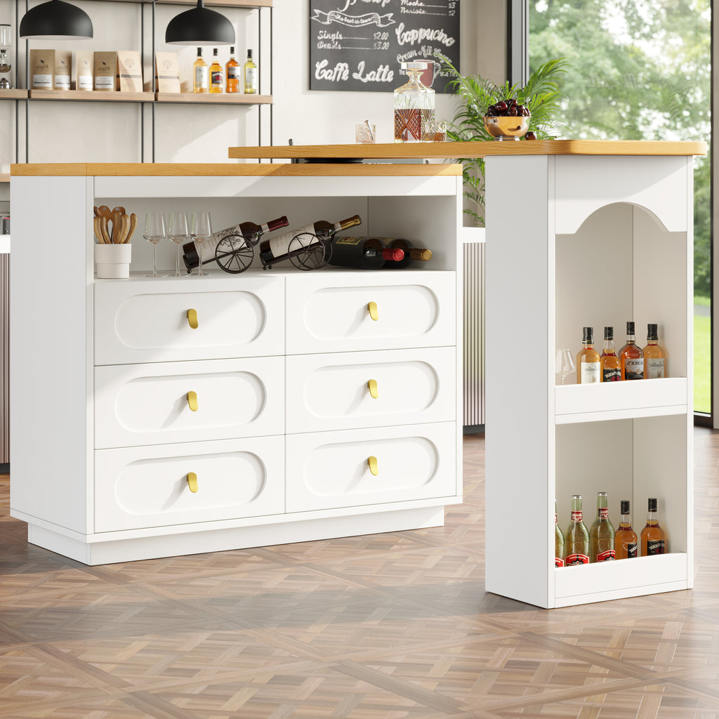 360° rotating bar table (main body 137 x 39 x 90 cm), coffee bar furniture, rotating dining bar with storage, kitchen island, with spice rack, six drawers, open storage space, white