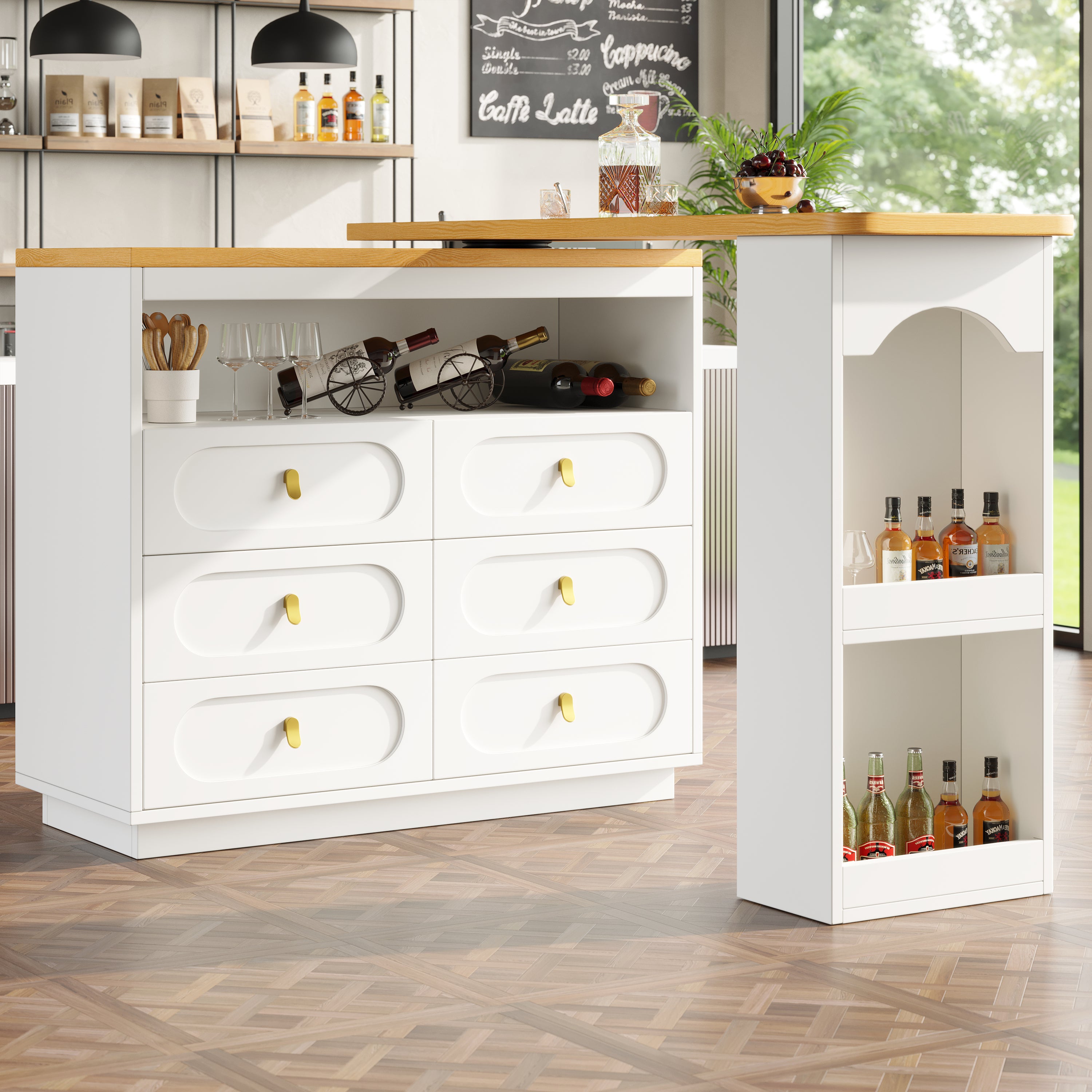 360° rotating bar table (main body 137 x 39 x 90 cm), coffee bar furniture, rotating dining bar with storage, kitchen island, with spice rack, six drawers, open storage space, white