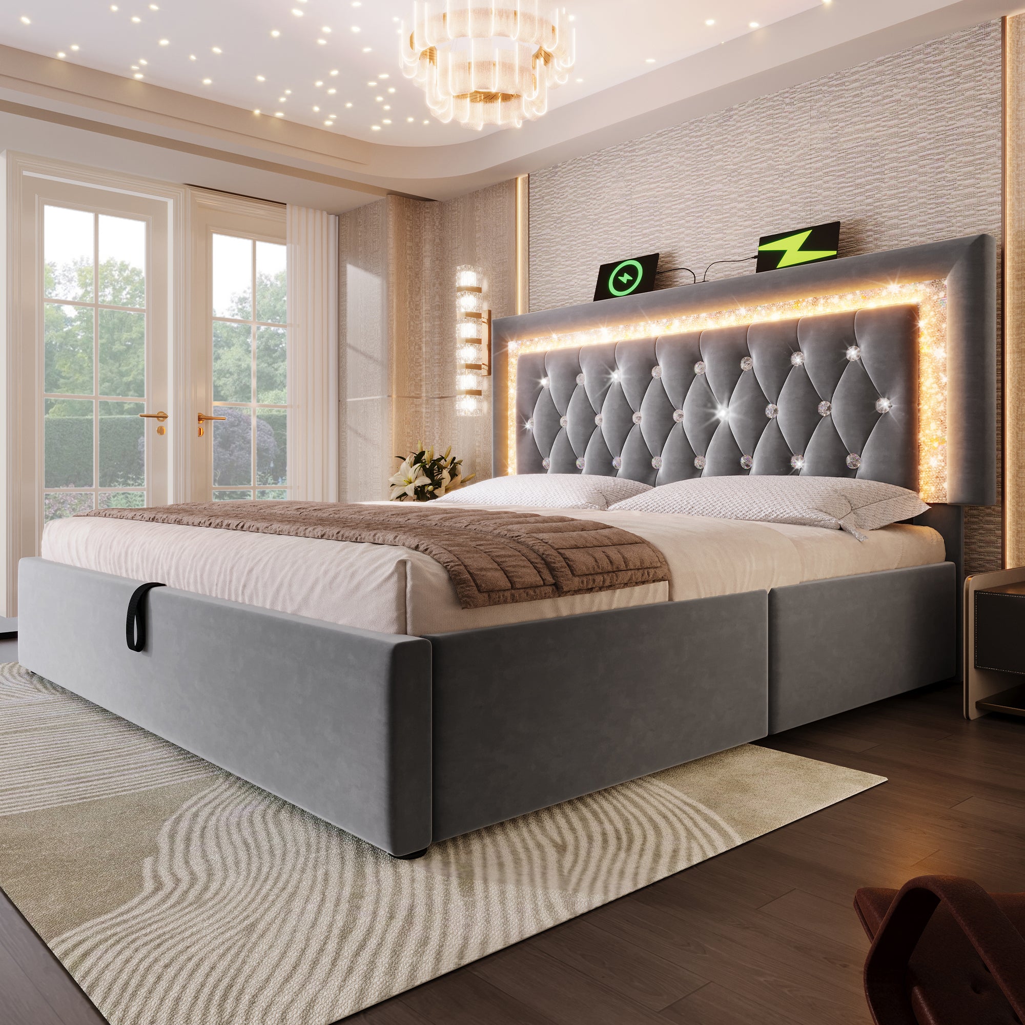 Upholstered Double Bed 135 x 190 cm with LED Lighting, USB Type-C Charging, 4ft6 Hydraulic Storage Bed with Adjustable Diamond Tufted Headboard, Velvet, Grey (No Mattress)