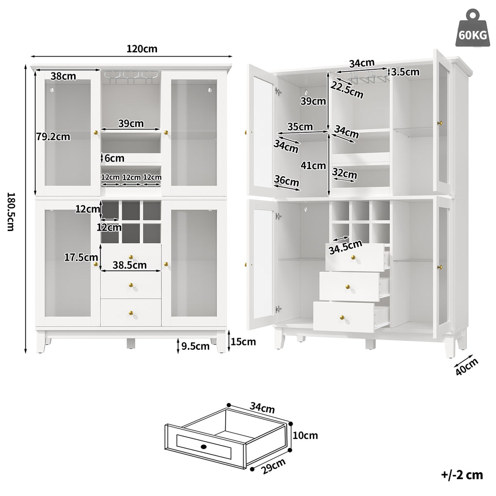 Wine Cabinet with App-Controlled LED Lights, 180.5cm Tall Storage Cabinet with Glass Doors, 3 Drawers, Wine Rack & Glass Holder, White