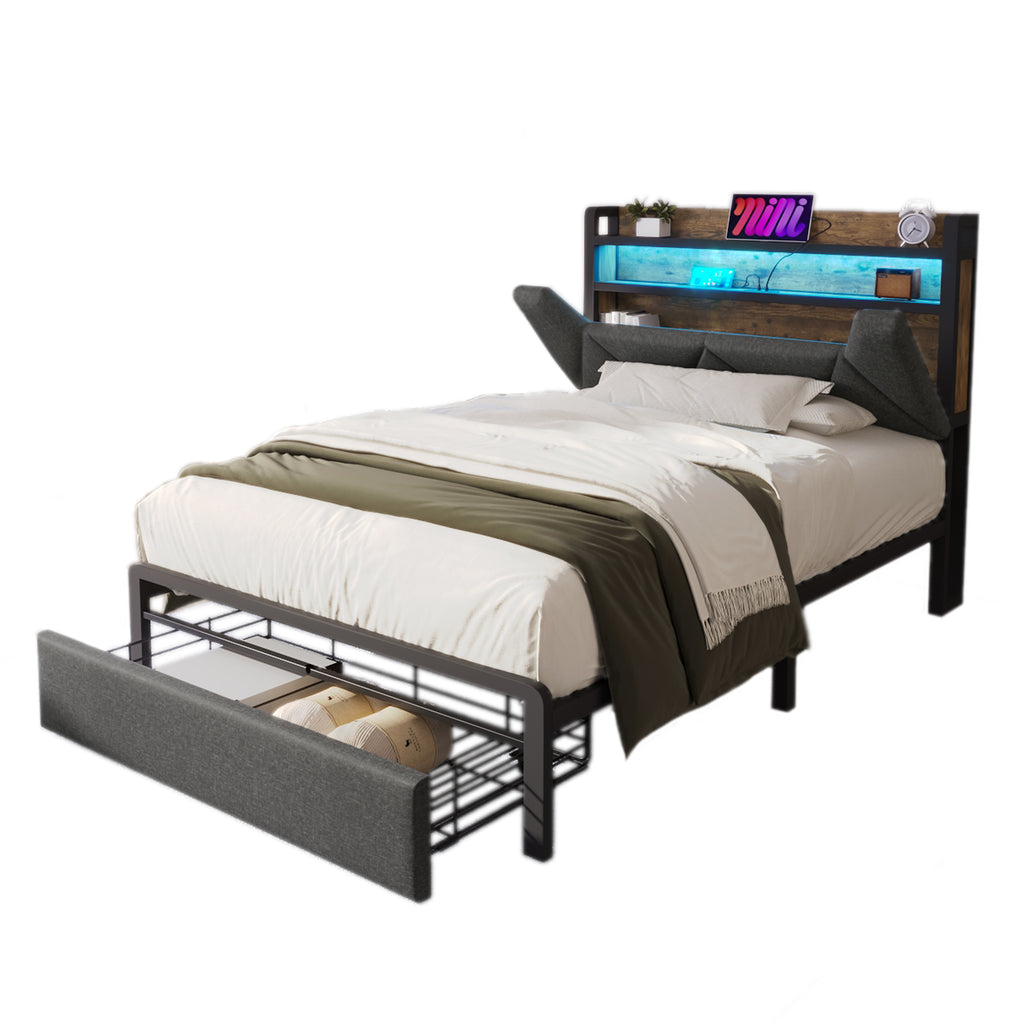 Upholstered Single Bed with LED Lighting, USB Type-C Charging Function, Storage Headboard and Drawers,  3ft Single Bed 90 x 190 cm, Storage Bed Frame with Metal Slatted Frame,Linen, Grey(No Mattress)