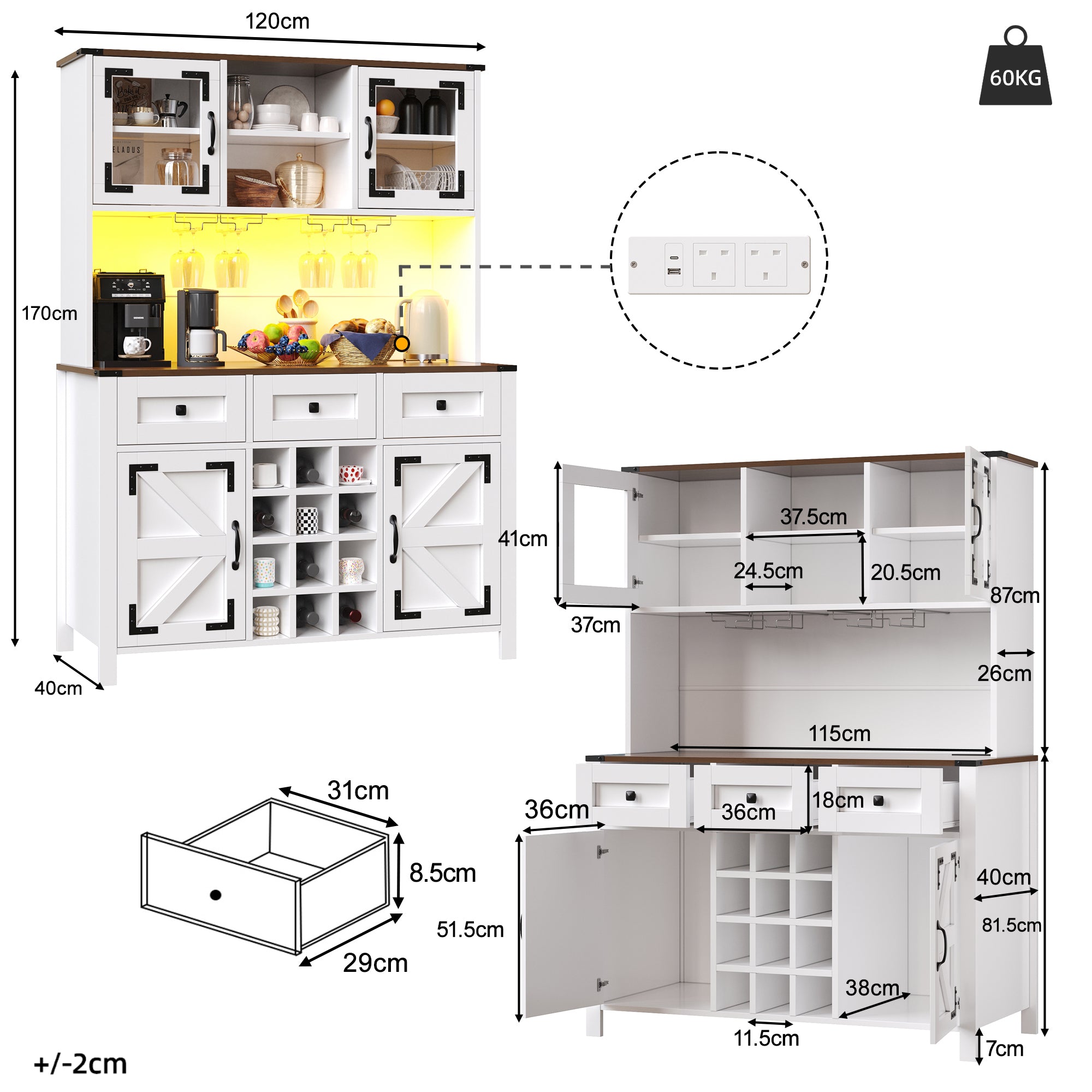 Tall Kitchen Cabinet with 4 Doors & 3 Drawers, USB Ports & Power Outlets, LED Light Strip, Modern Storage Sideboard, Side Cabinet for Kitchen & Living Room, 120 x 40 x 170 cm, White