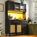 Kitchen Cabinet(120*45*195.5 cm), Tall Cabinet, Display Cabinet, Buffet Cabinet with Adjustable Shelves, Dining Room Cabinet with 3 Drawers, Sideboard with LED Lighting, PE Rattan, Black