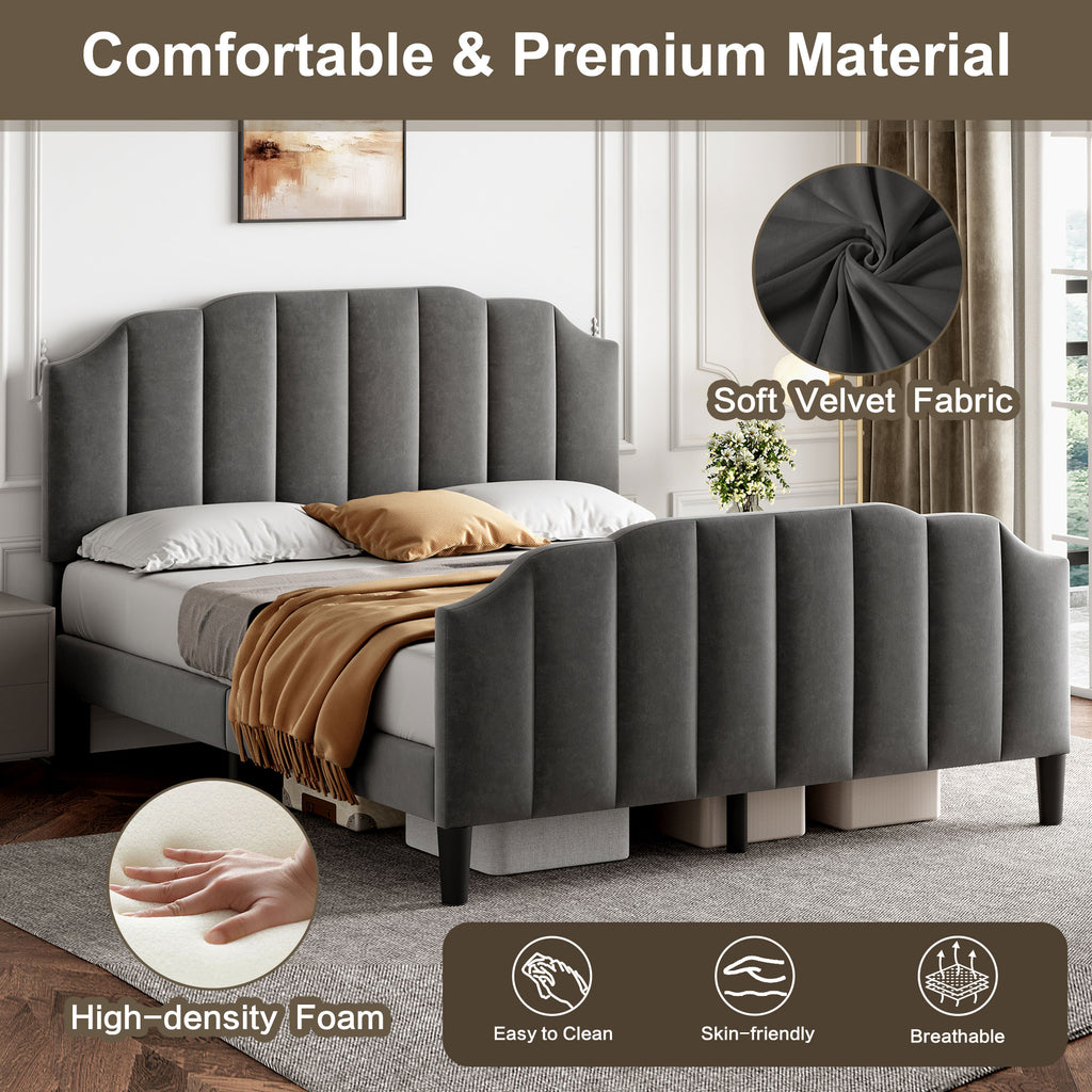 4ft6 Double Upholstered Bed Frame with Adjustable Chic Channel-Tufted Headboard, Velvet Platform Bed Frame with Solid Wood Slat and Mute Foam, No Box Spring Needed, Easy Assembly, Grey (No Mattress)