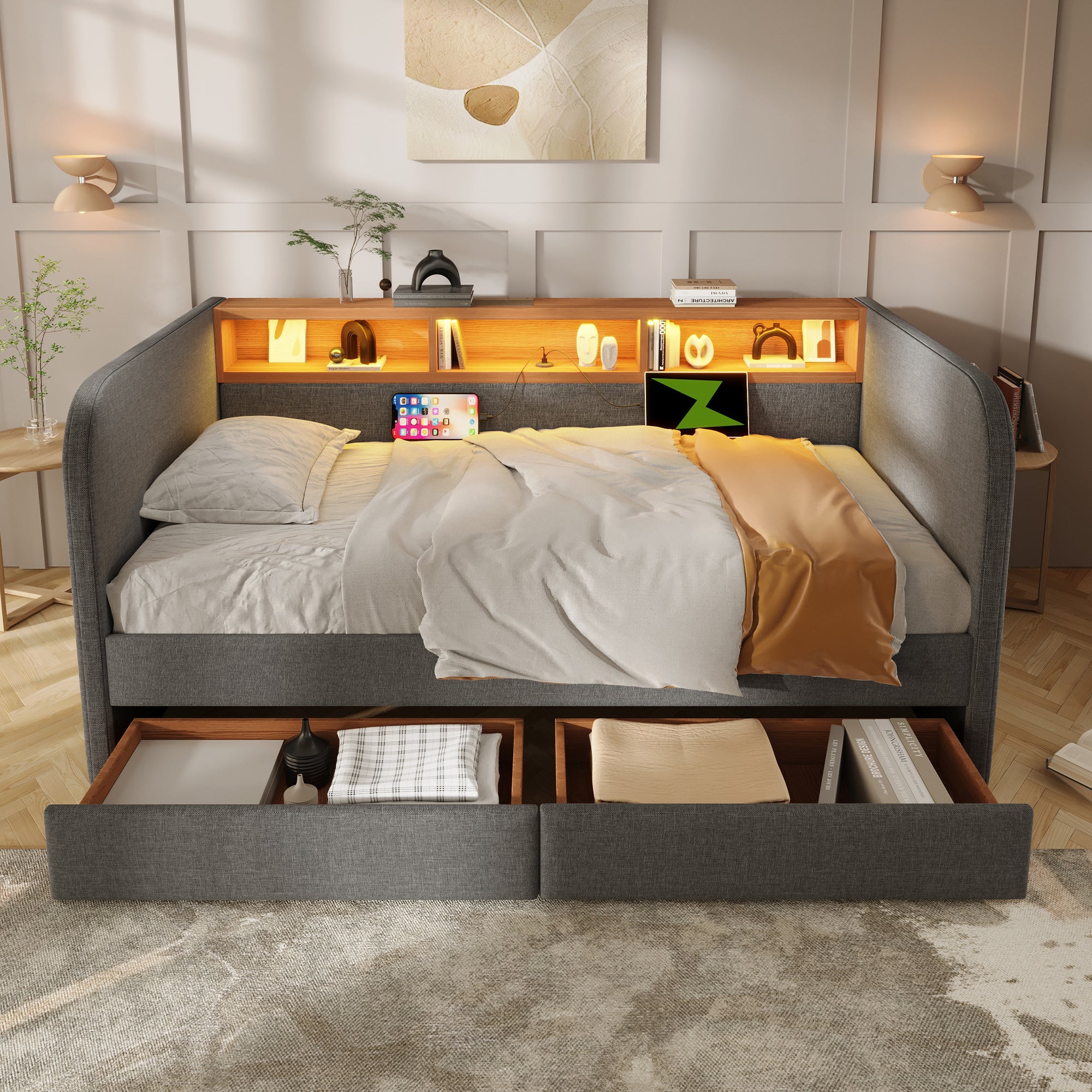 Upholstered Daybed with Headboard Storage, 90 x 190 cm Single Sofa Bed with LED and USB Type-C Reading Light, 3FT Daybed with 2 Drawers, Linen, Grey (Without Mattress)
