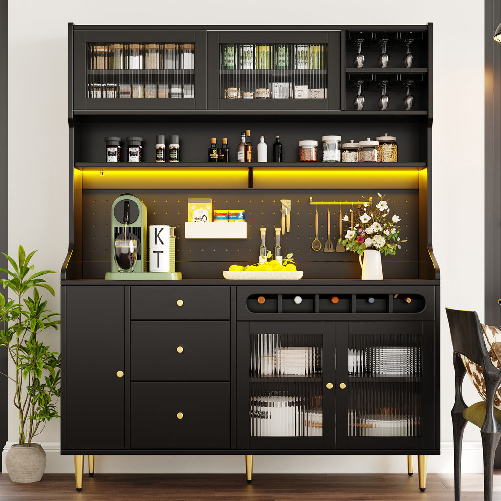 Highboard with Adjustable Shelves & LED Lights, Freestanding Storage Unit for Living Room Kitchen Dining, Tall cabinet with wine rack, Dimensions 145x39x171cm, Black