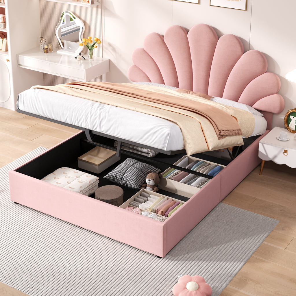 4ft6 Double Upholstered Hydraulic Bed with Adjustable Chic Petal Headboard, Soft Velvet Bed Frame with Hydraulic Storage, Petal Bed with Solid Wood Slat, No Box Spring Needed, Pink (No Mattress)