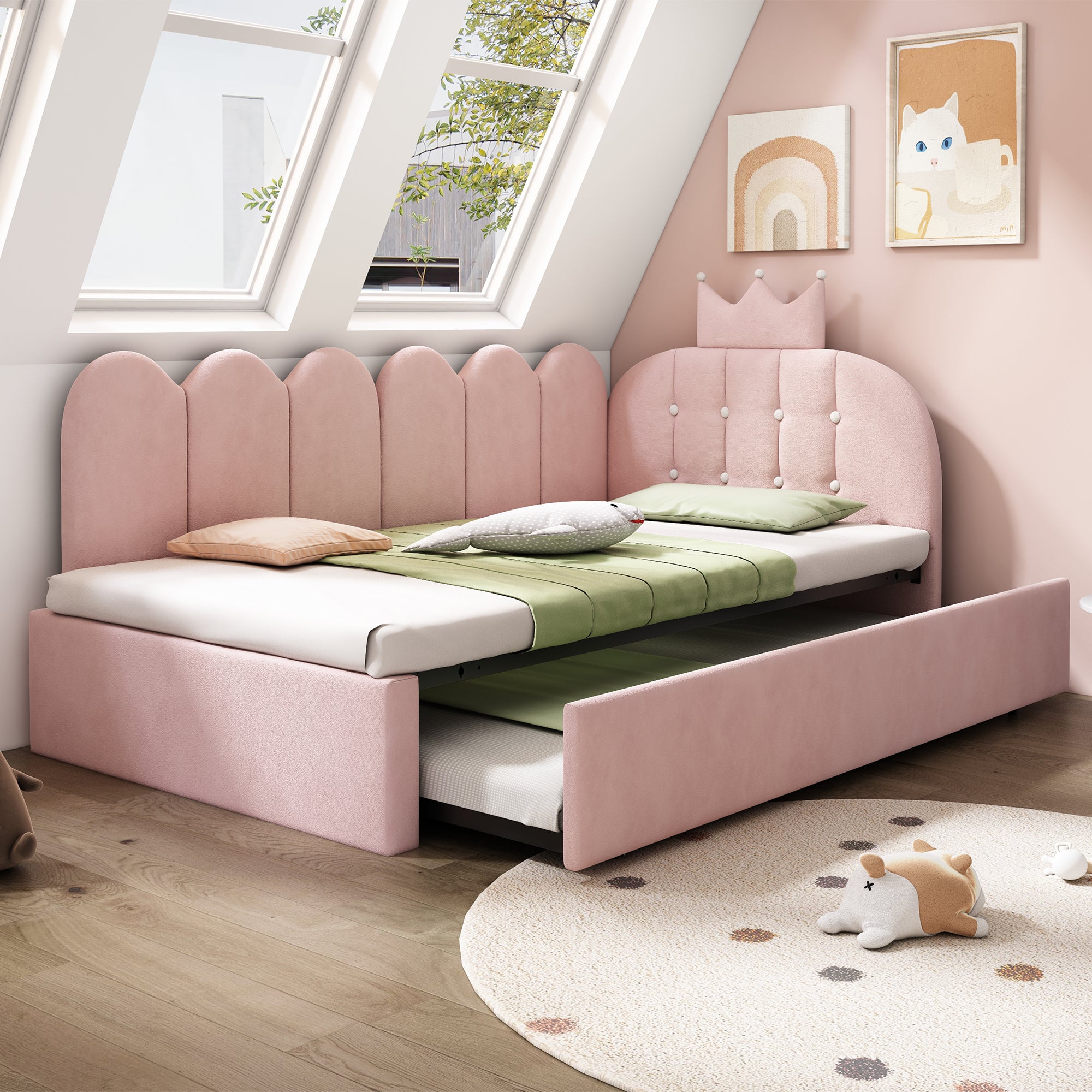 Upholstered Daybed with Pull-Out Bed, Crown-shaped Trundle Bed, 3FT Single Sofa Bed 90 x 190 cm, Guest Beds for Adults & Children, Bed with Metal Slatted Frame, Velvet, Pink (No Mattress)