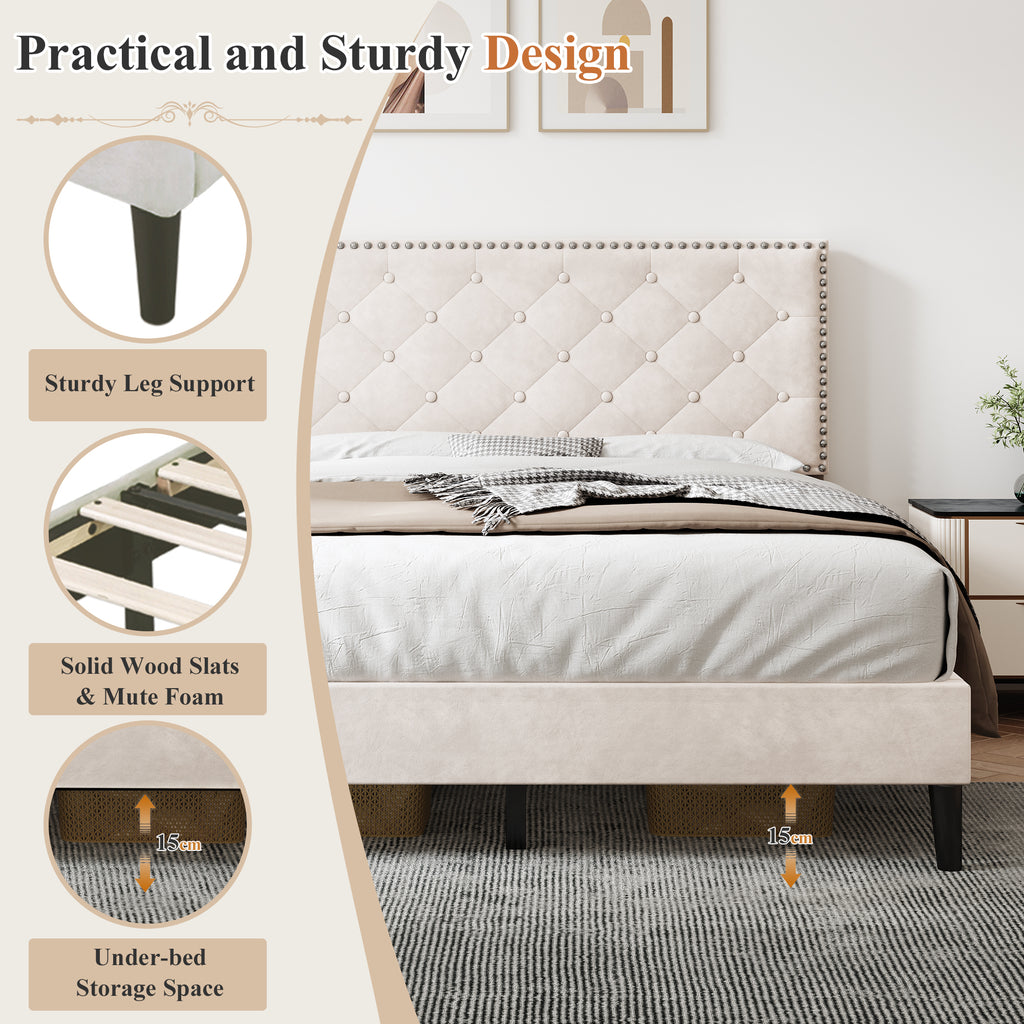4ft6 Double Upholstered Velvet Bed Frame, with Adjustable Button-Tufted & Riveted Headboard, Velvet Platform Bed Frame with Solid Wood Slat and Mute Foam, No Box Spring Needed, Easy Assembly, Beige