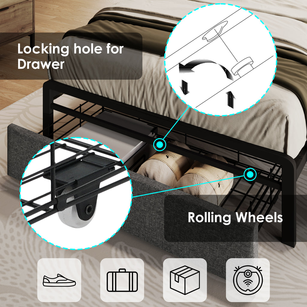 Upholstered Single Bed with LED Lighting, USB Type-C Charging Function, Storage Headboard and Drawers,  3ft Single Bed 90 x 190 cm, Storage Bed Frame with Metal Slatted Frame,Linen, Grey(No Mattress)
