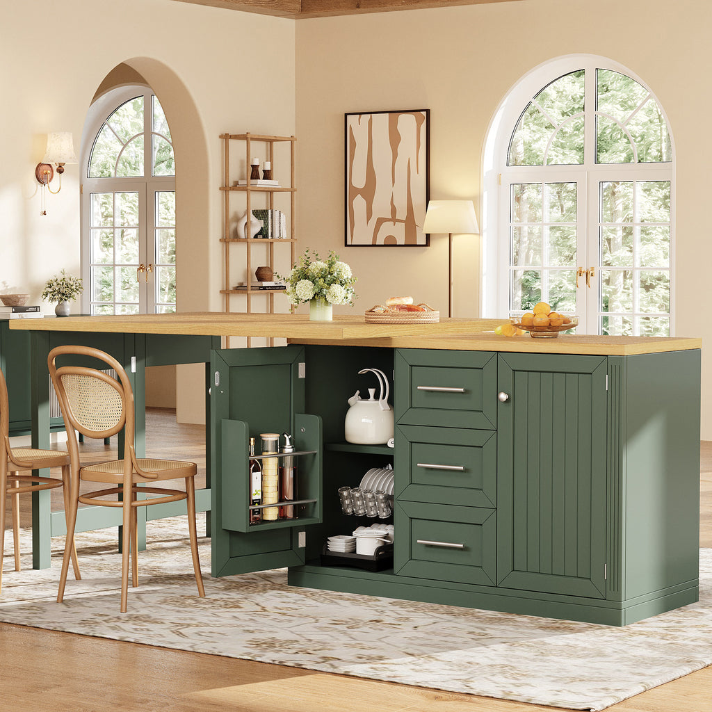 Extendable Sideboard & Table Combo, 120-180cm Adjustable Dining Table with Storage, 3 Drawers & Snack racks, Space-Saving kitchen island for Small Flats, White/Antique Green