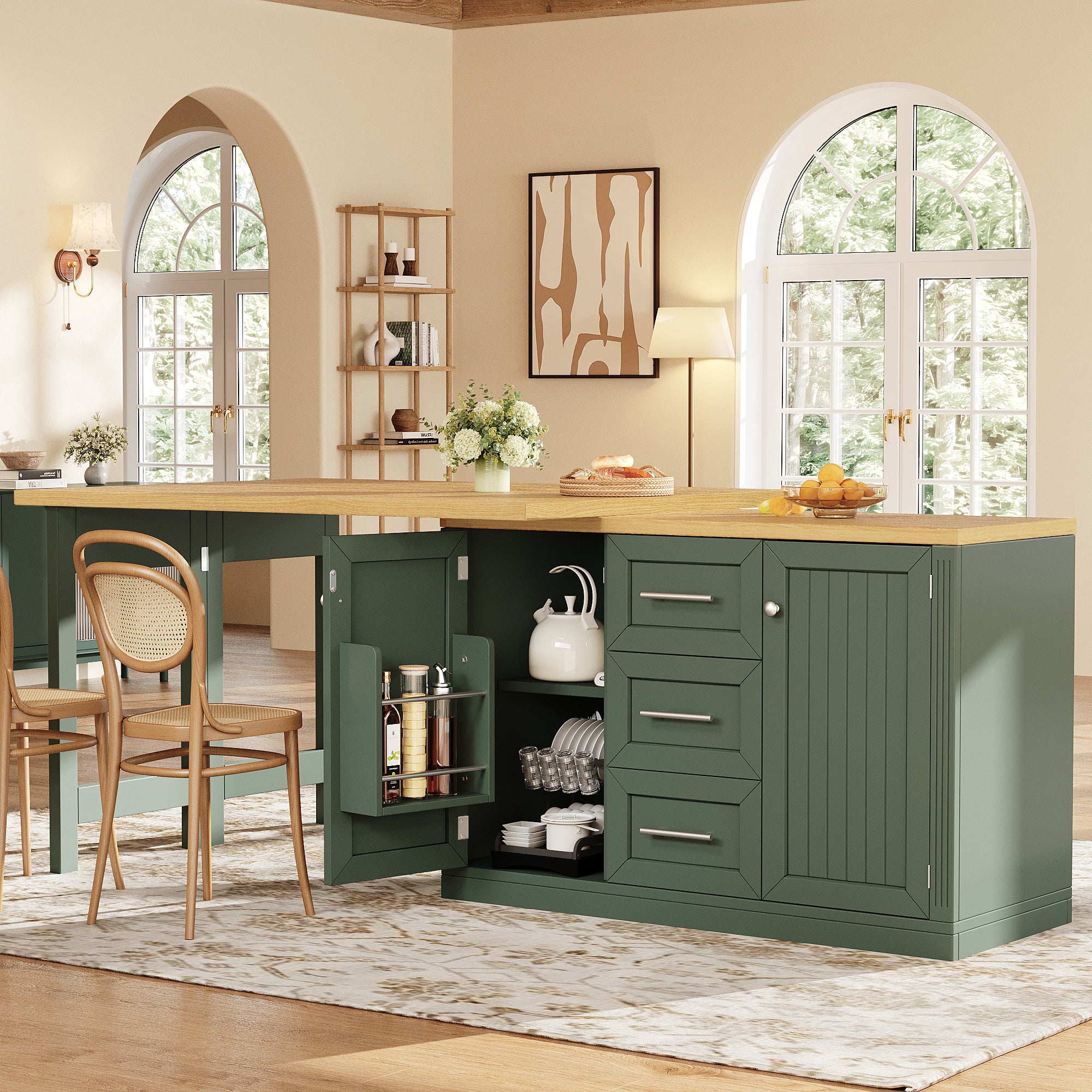 Extendable Sideboard & Table Combo, 120-180cm Adjustable Dining Table with Storage, 3 Drawers & Snack racks, Space-Saving kitchen island for Small Flats, White/Antique Green