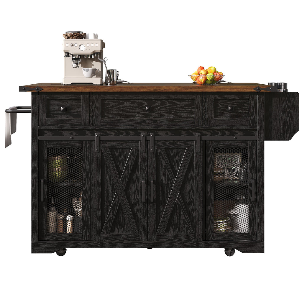 Kitchen island trolley with extendable worktop and power connection, 91cm working height, white/black, load capacity up to 75kg