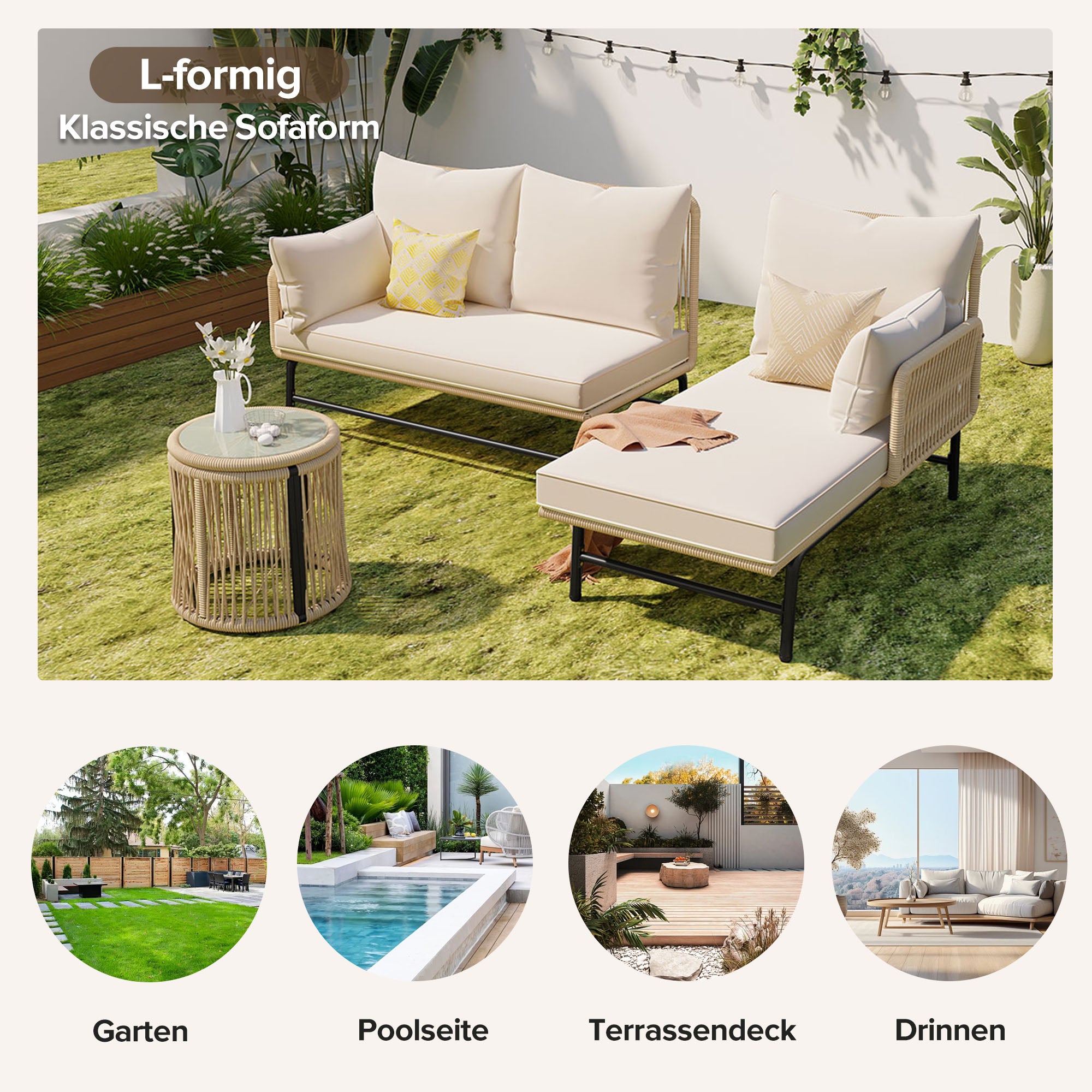 Garden lounge sofa set, outdoor furniture set, iron frame and beige rope weave, beige, two armchairs, two two-seater sofa and two round tables (all cushions included)