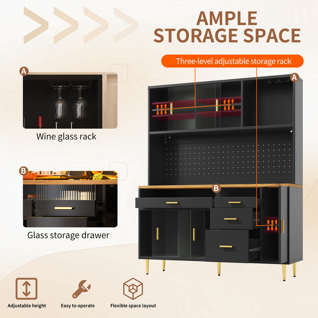 Highboard with LED Lighting & Pegboard Shelves, Tall Cabinet for Living Room, Kitchen & Dining Room Storage, Adjustable Freestanding Cupboard, 145x24x171cm, Black