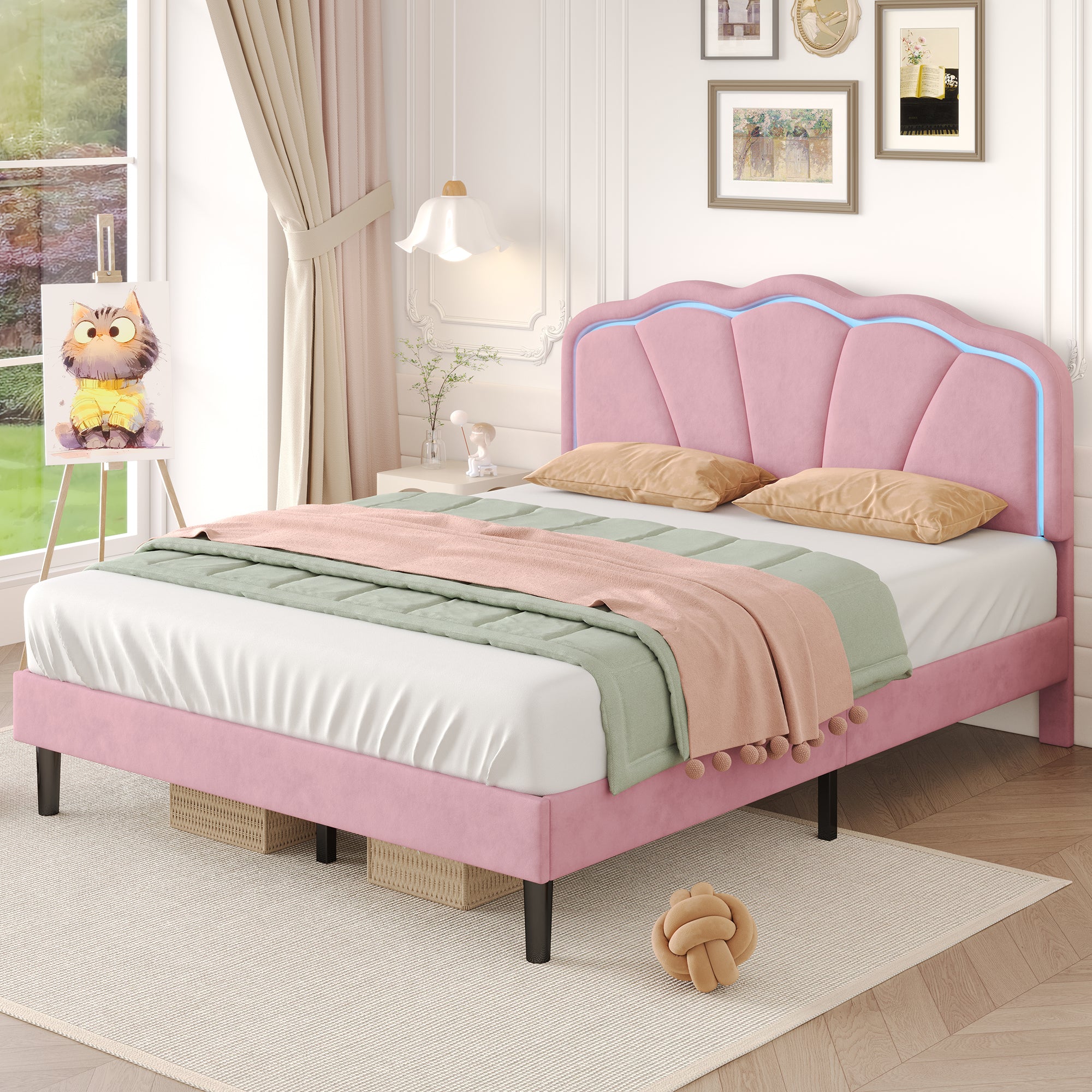 4ft6 Double Upholstered Bed with LED Adjustable Shell Shape Headboard, Soft Velvet Bed Frame with Solid Wood Slat, No Box Spring Needed, Easy Assembly, Pink (No Mattress)