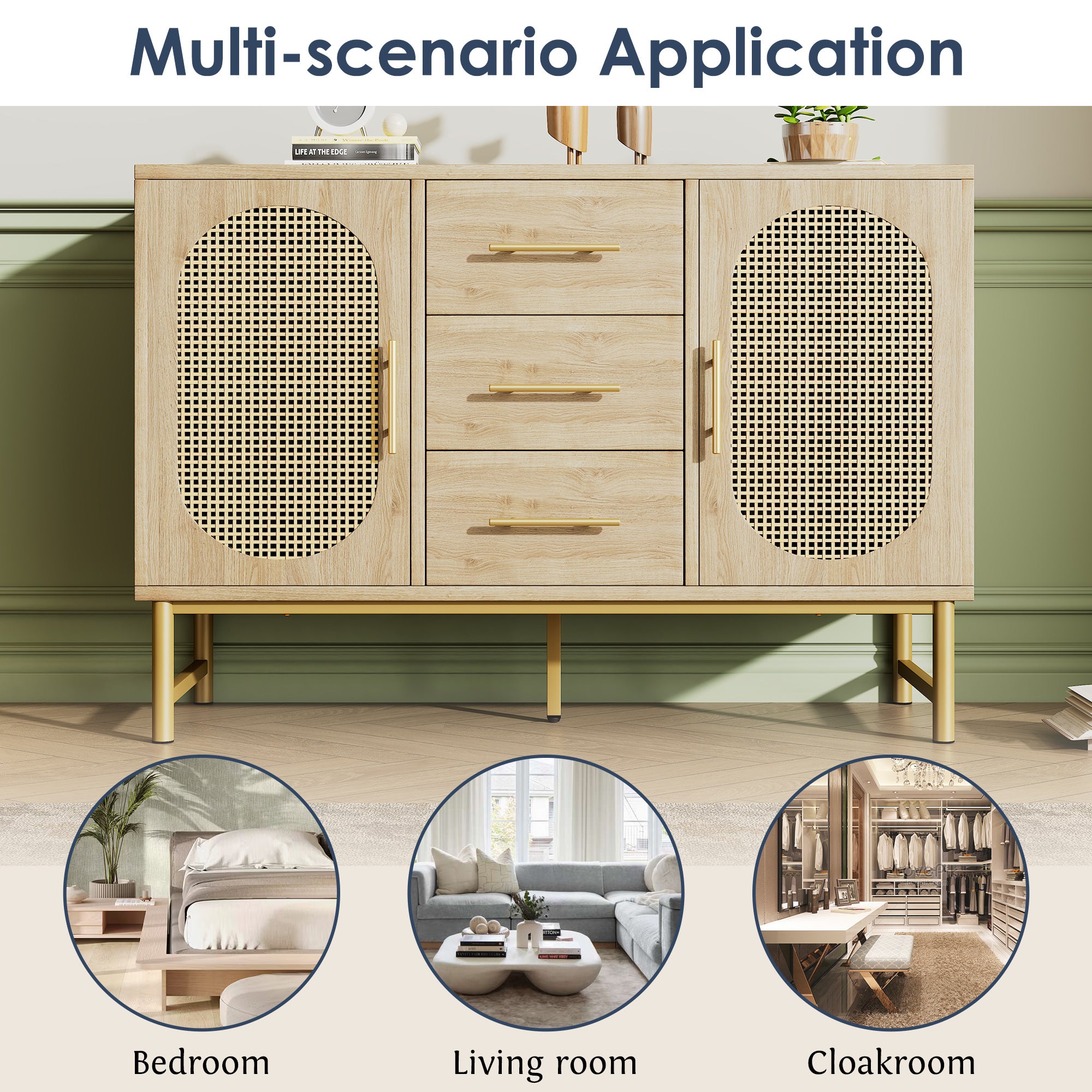 Rattan Sideboard Storage Cabinet  with 2 Doors 3 Drawers, Storage Cabinet for Living Room, Bedroom, and Hallway, Metal Handles, Adjustable Shelves, Anti-Tip, 120 x 40 x 74 cm, Oak