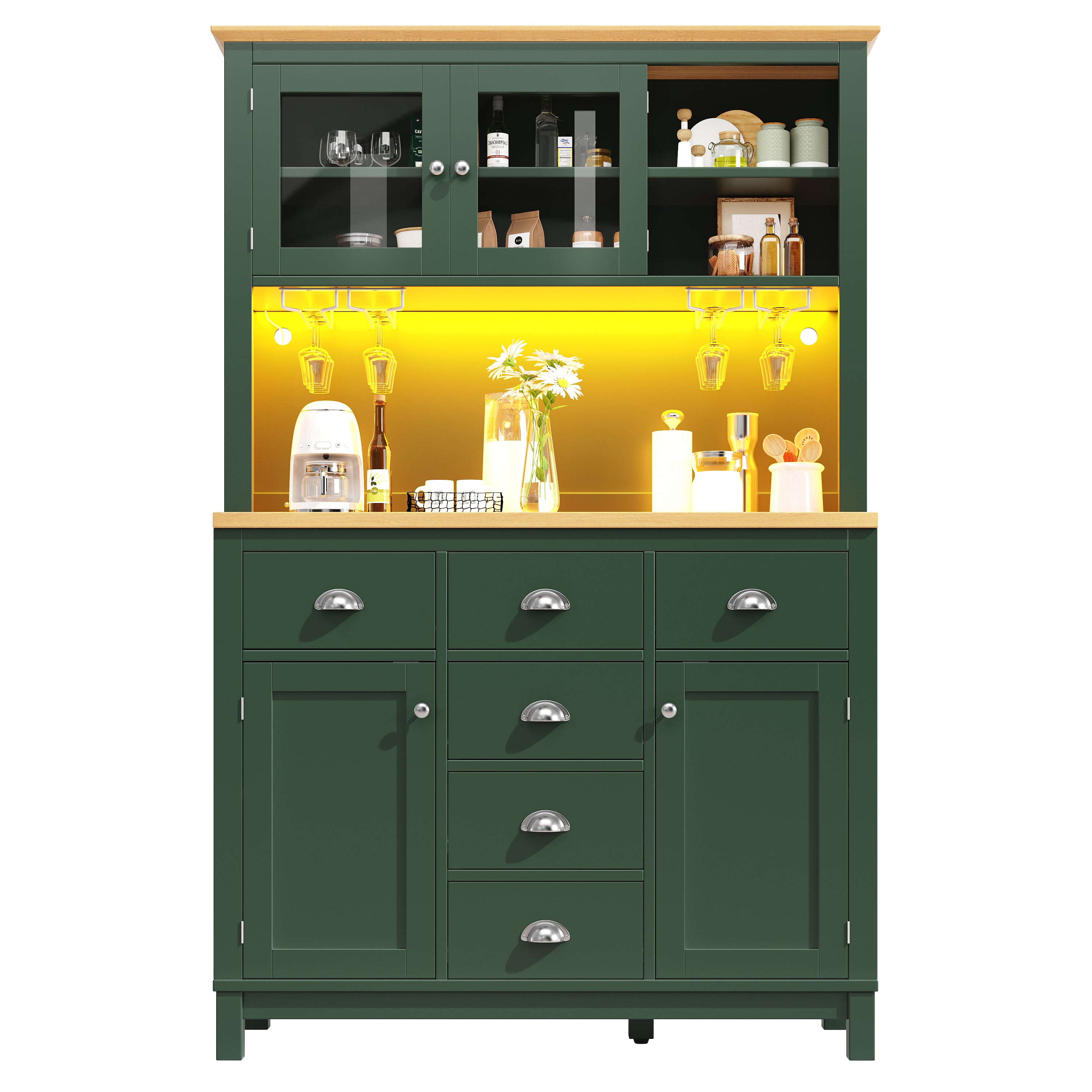Sideboard / Storage Cabinet / Kitchen Cabinet / Buffet Cabinet, 104x40x180cm, Farmhouse Style, 5 Doors, with LED Light Strip & Drink Holders, Green/White