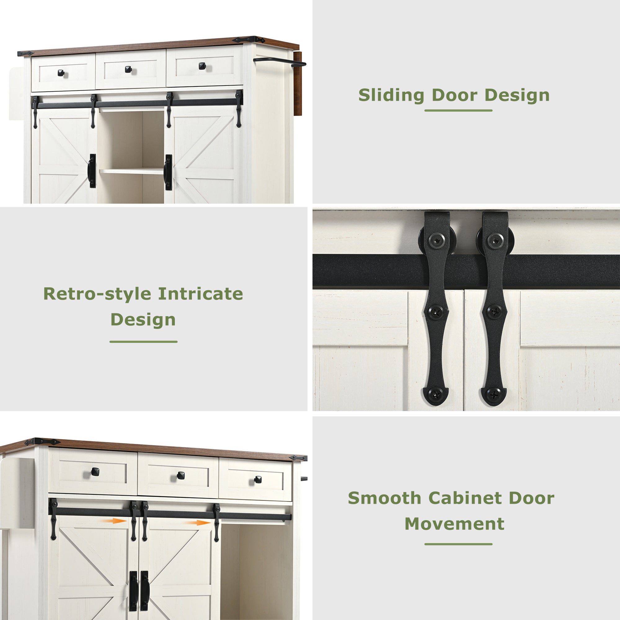 Kitchen island, serving cart with extendable worktop, kitchen cart on wheels, kitchen cabinet with 2 sliding doors and 3 drawers, dining cart with wood grain, kitchen cabinet