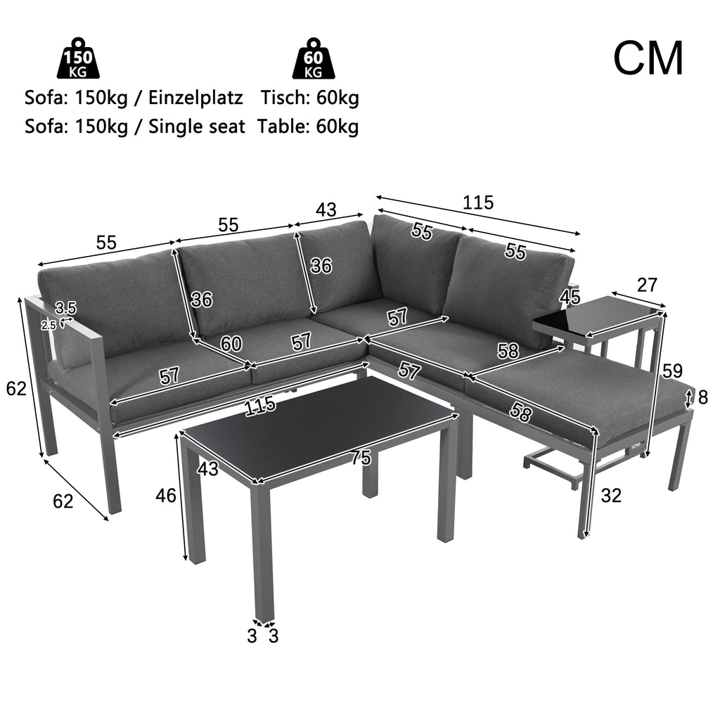 Outdoor garden terrace lounge sofa set, garden furniture for 4-5 people with side table and coffee table, corner sofa, all-weather lounge furniture, grey, all cushions included