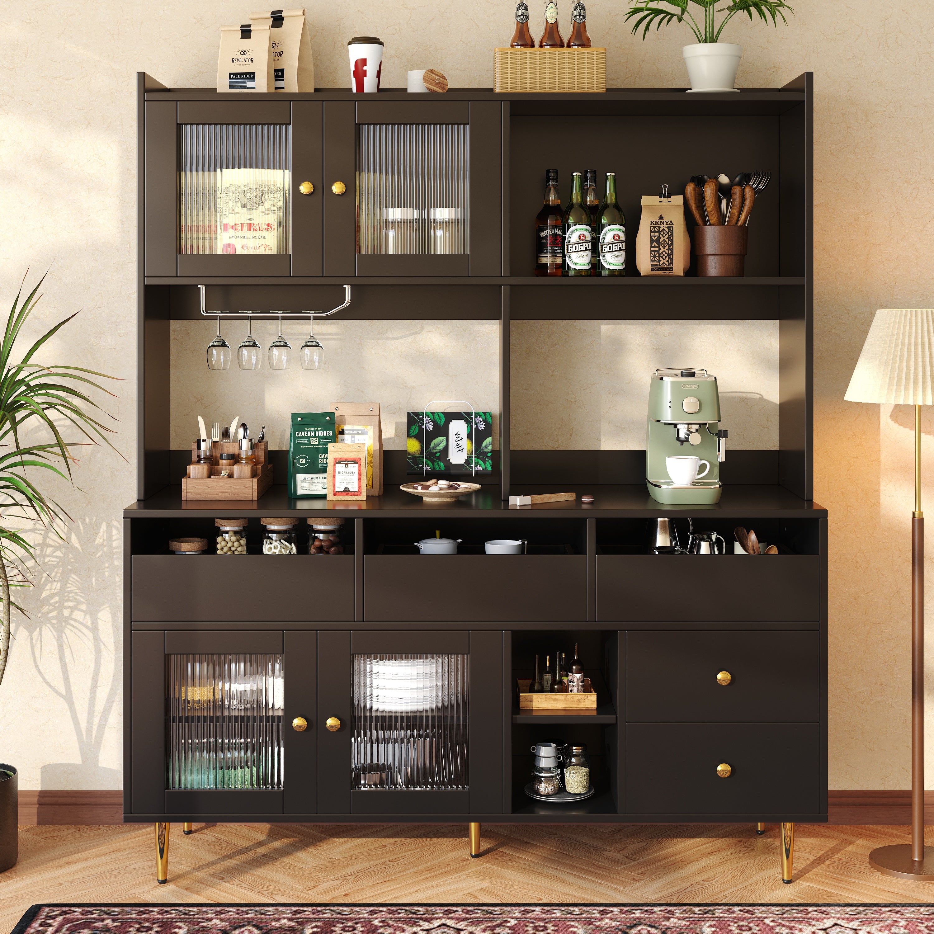 Multi-purpose Storage Cabinet(145 x 39 x 171 cm), Modern design, with Changhong glass door, Wine glass holder, Multi-layered storage space, Black with gold decoration, Suitable for home and restaurant