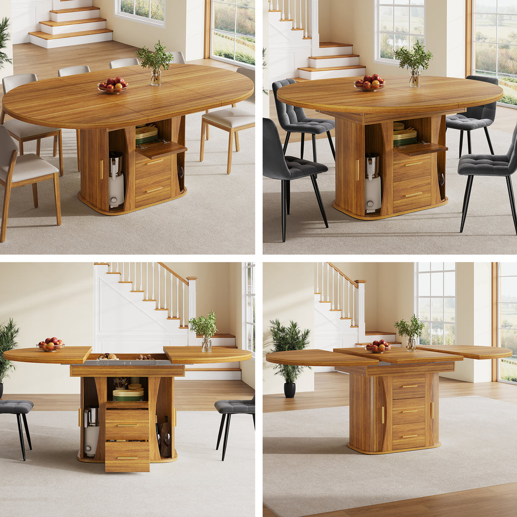 Extendable dining table, dining room table, kitchen table, round dining table, extends to oval, 118-158 cm, seats up to 6 people, three-tier storage, walnut