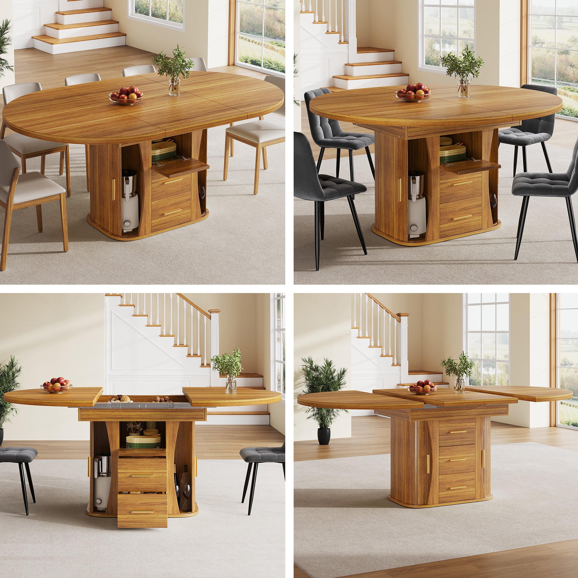 Extendable dining table, dining room table, kitchen table, round dining table, extends to oval, 118-158 cm, seats up to 6 people, three-tier storage, walnut