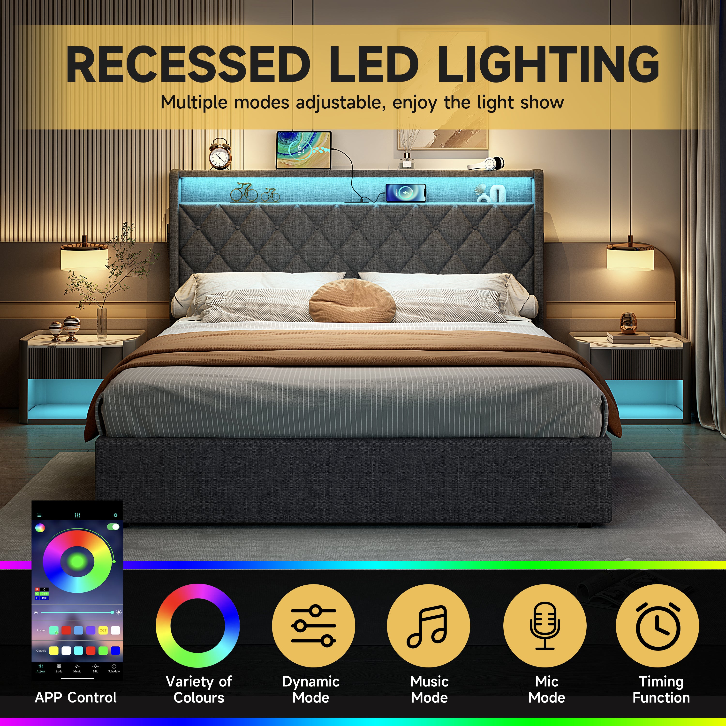 4ft6 Double Upholstered Bed Frame with Hydraulic Storage, Linen Ottoman Bed with LED Lighting, Button Tufted Storage Headboard with Charging Station, No Box Spring Needed, Grey (No Mattress)