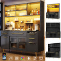 Modern sideboard with LED lighting, tall cabinet for kitchen and living room, storage cabinet with perforated wall, drawer and glass shelves, black