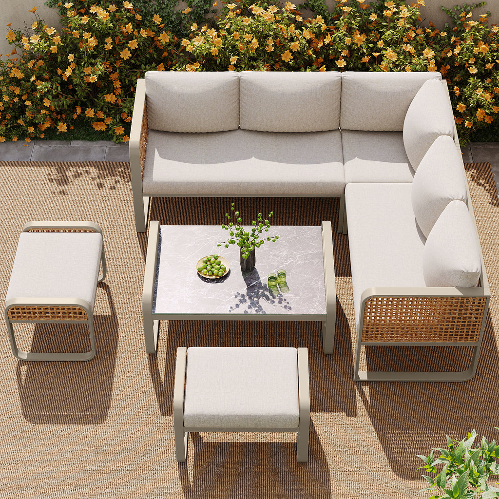 Outdoor garden lounge set, rattan furniture set for 6-7 people, corner sofa with galvanised iron frame, adjustable legs, includes all seat and back cushions, beige