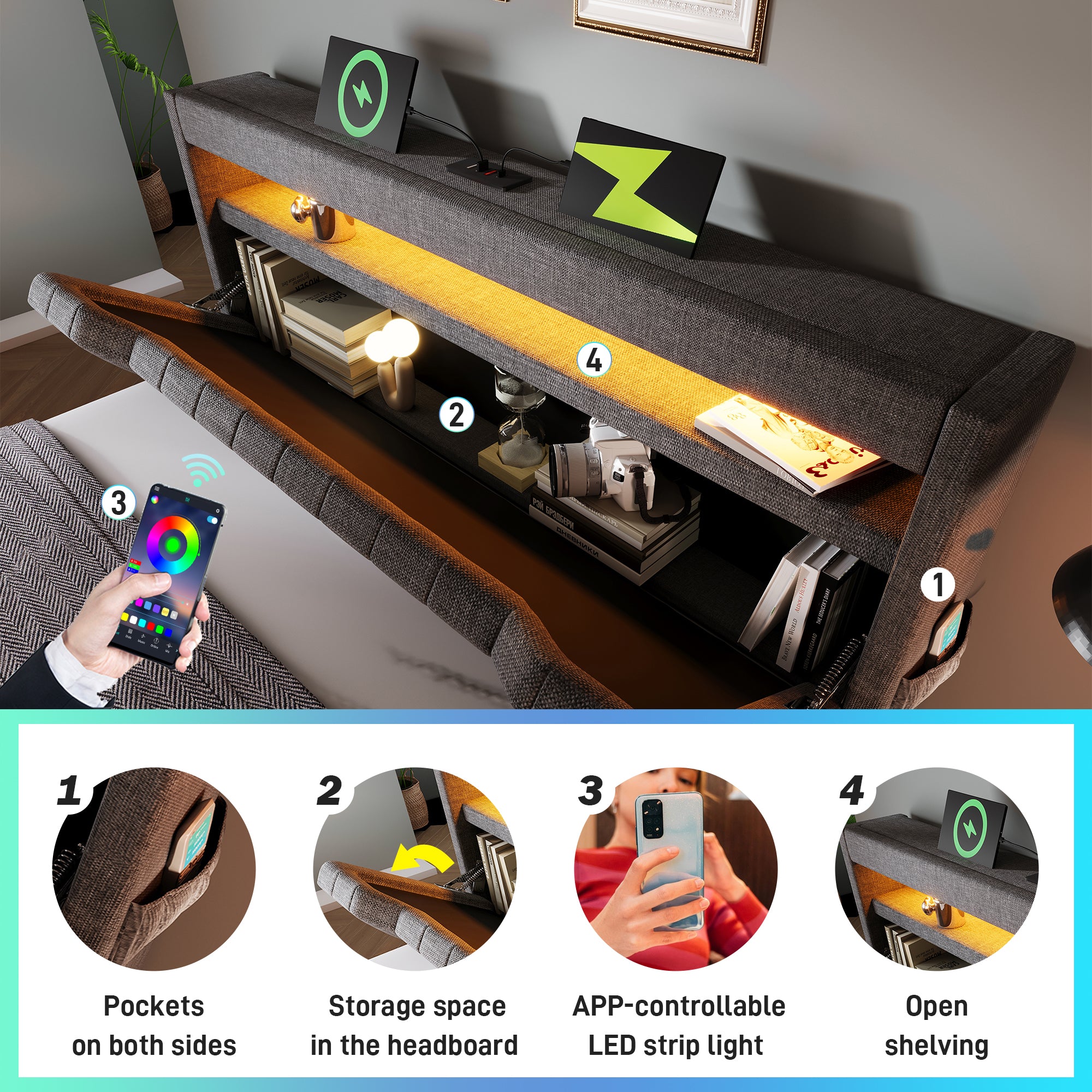 Upholstered Bed 135 x 190 cm with LED Lighting, USB Type-C Charging, Storage Headboard for Cellphones and Tablets, 4ft6 Hydraulic Storage Bed with Metal Slatted Frame, Linen, Grey (No Mattress)