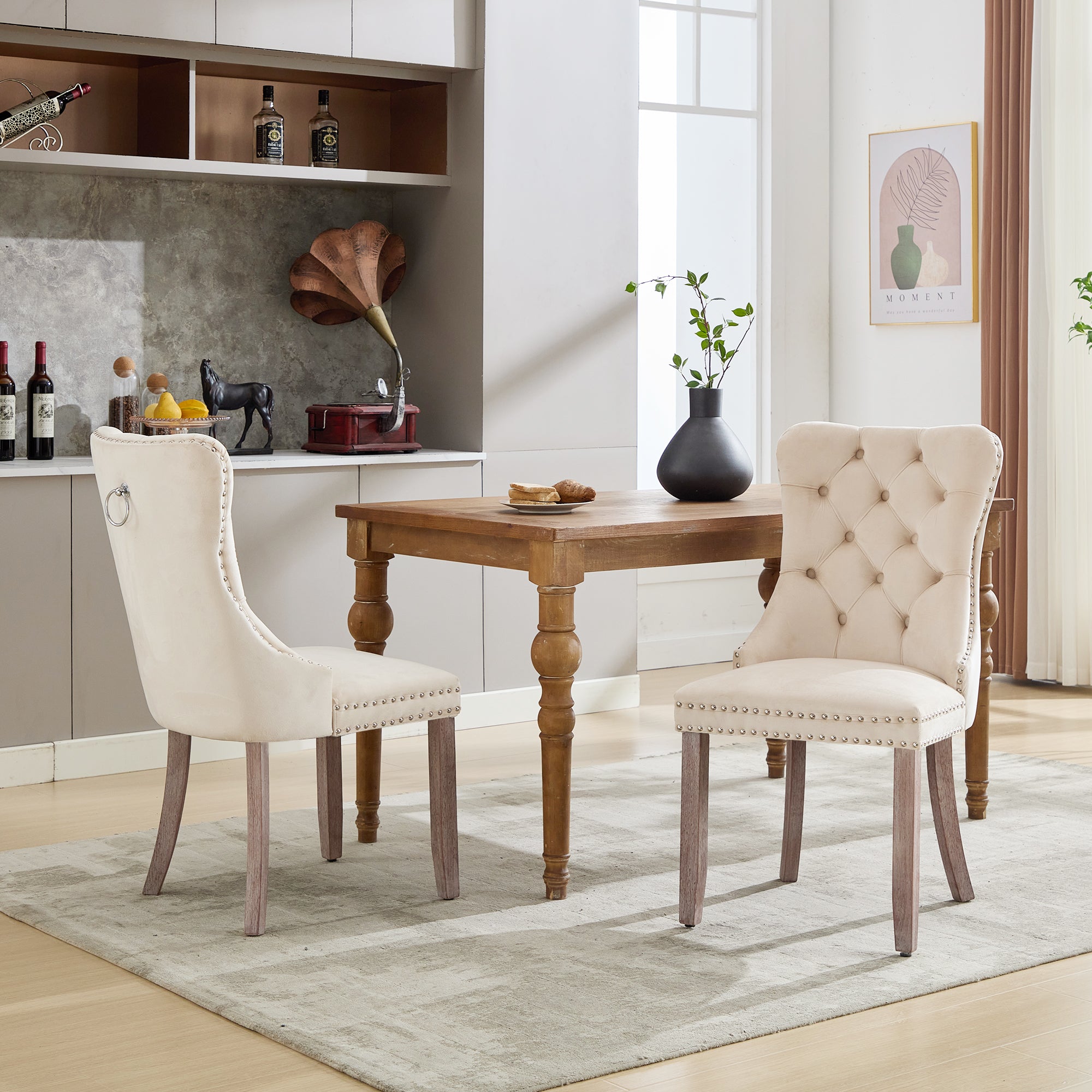 Modern Set of 2 Upholstered Velvet Dining Chairs, Button Tufted Kitchen Lounge Chairs with Brushed Wood Legs, Riveted Trim and Knocker Ring, for Dining Room Living Room, Beige