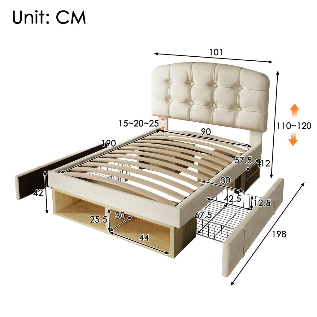 Upholstered Single Bed with Storage Compartments and Drawers, 3ft Single Bed with Adjustable Headboard, 90 x 190 cm, Velvet, Beige (No Mattress)