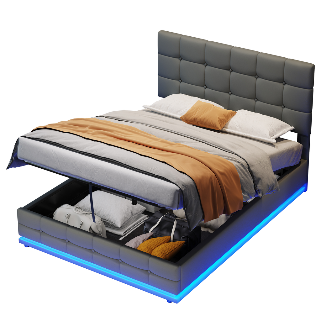 Ottoman Double Bed with LED Lighting, PU Leather Upholstered Bed with Hydraulic Storage, 4ft6 Double Bed Frame with Adjustable Button Tufted Headboard, No Box Spring Needed, Grey (No Mattress)