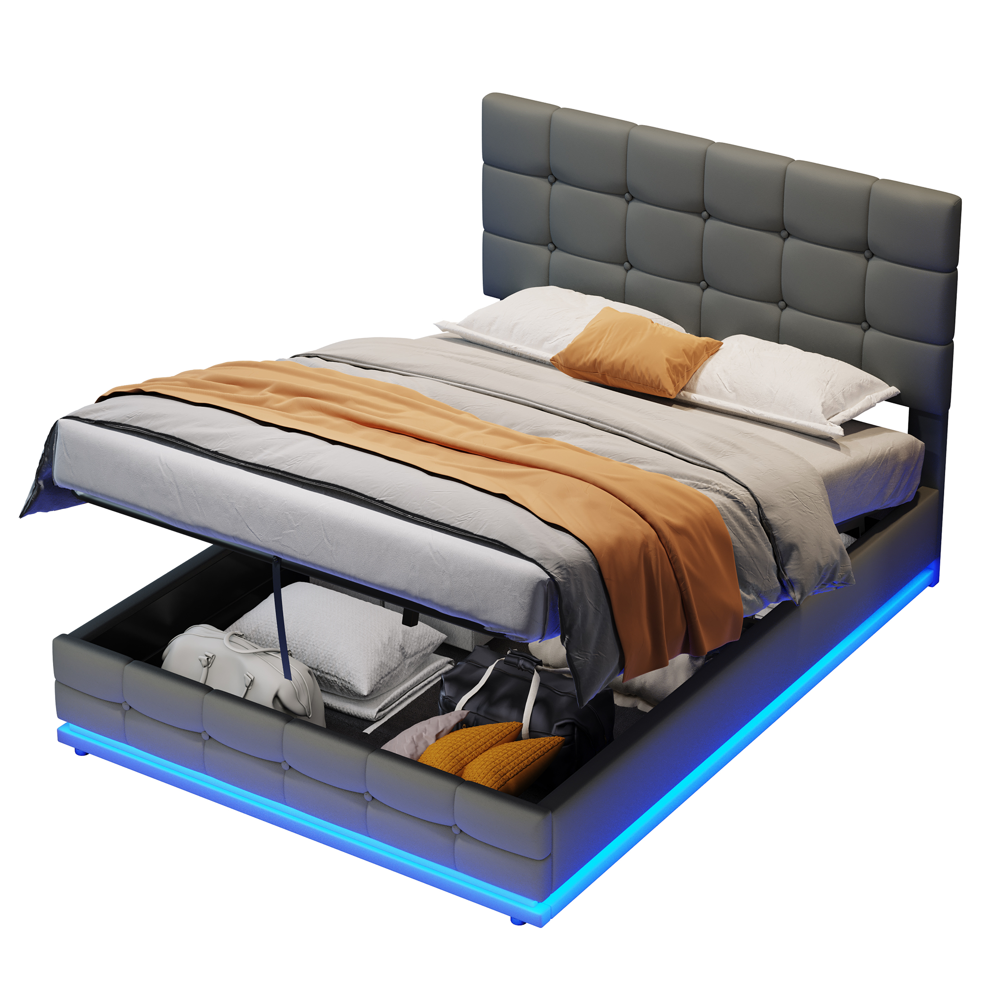 Ottoman Double Bed with LED Lighting, PU Leather Upholstered Bed with Hydraulic Storage, 4ft6 Double Bed Frame with Adjustable Button Tufted Headboard, No Box Spring Needed, Grey (No Mattress)