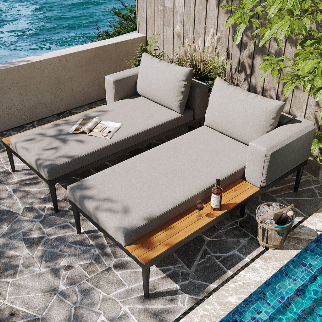 Modular Outdoor Double Chaise Lounge with Wooden Side Panels, Waterproof Cushions, Sturdy Iron Frame, for Patio & Poolside