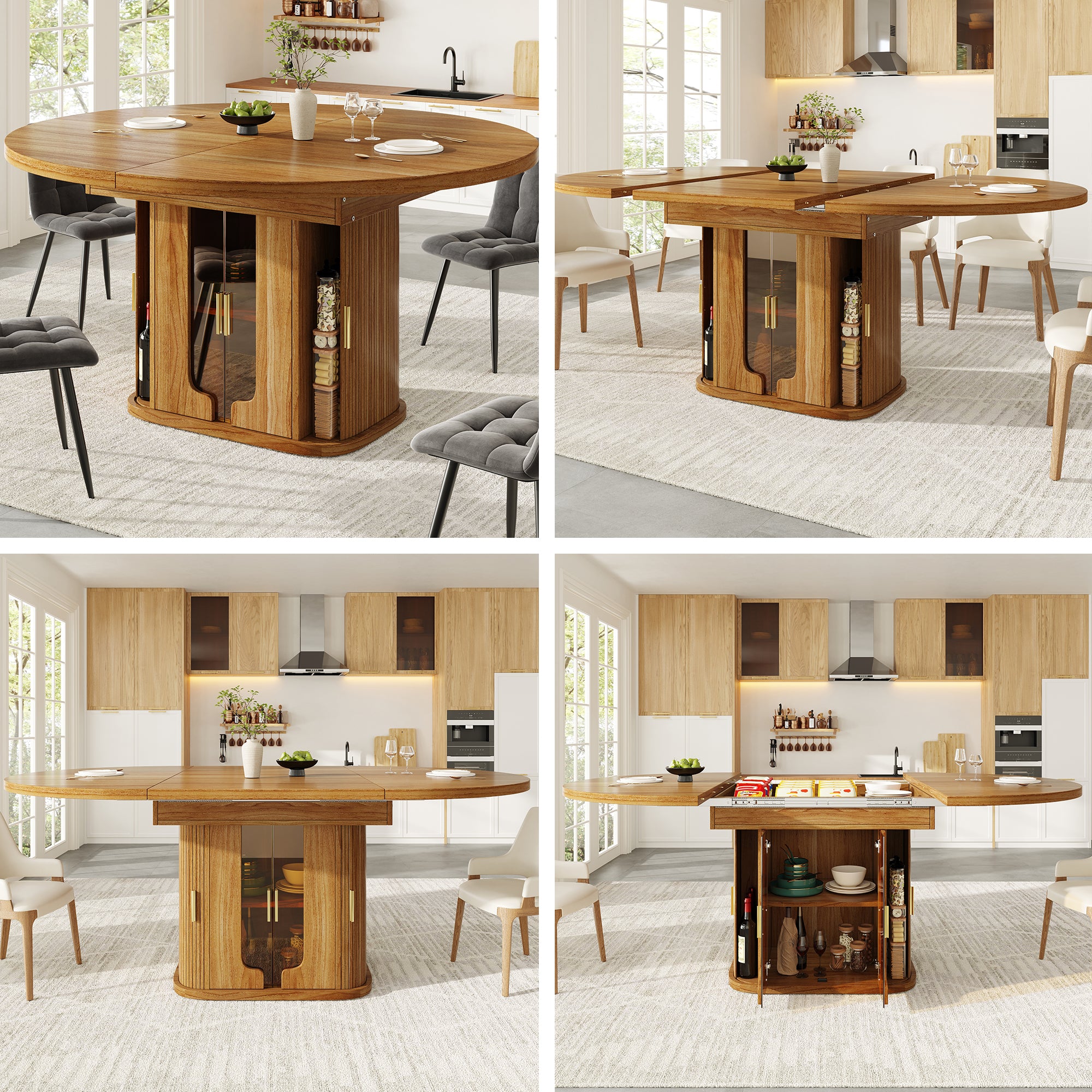 Extendable dining table, dining room table, kitchen table, round dining table, extends to oval, 118-158 cm, seats up to 6 people, dining table with glass doors, Walnut