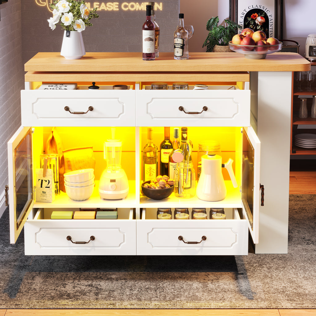 360° Rotating Kitchen Island Bar Table with App Controlled LED Lights, Buffet Sideboard with 4 Drawers & Glass Cabinet, Multifunctional Dining/Work Desk for Living Room & Kitchen