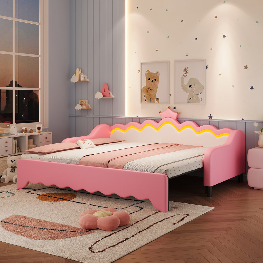 3ft Single Daybed with LED Crown Shape Headboard, PU Leather Sofa Bed Frame with Solid Wood Slat, Pull out Trundle Bed for Living Room/ Bedroom/ Study Room, Cream White + Pink (No Mattress)