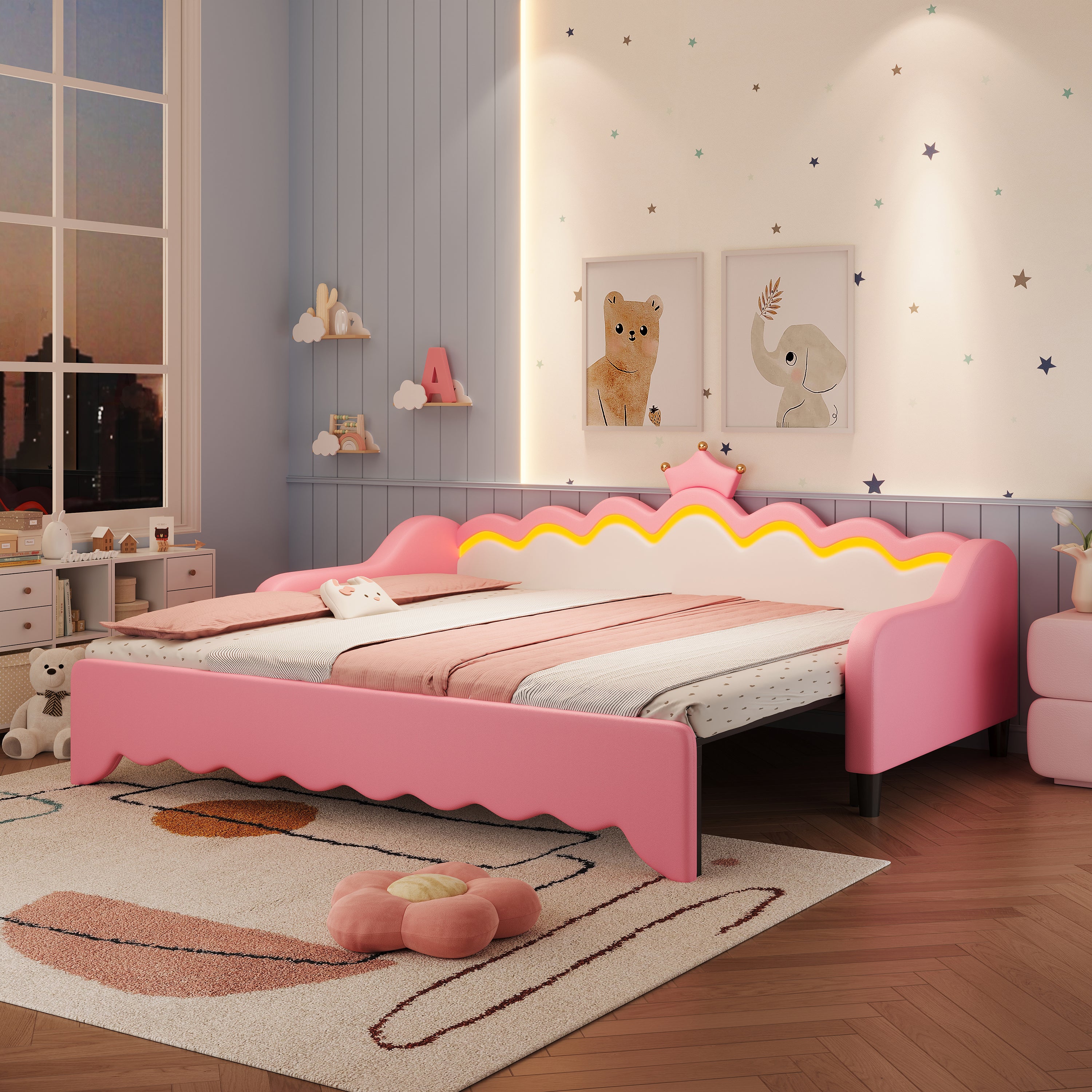 3ft Single Daybed with LED Crown Shape Headboard, PU Leather Sofa Bed Frame with Solid Wood Slat, Pull out Trundle Bed for Living Room/ Bedroom/ Study Room, Cream White + Pink (No Mattress)