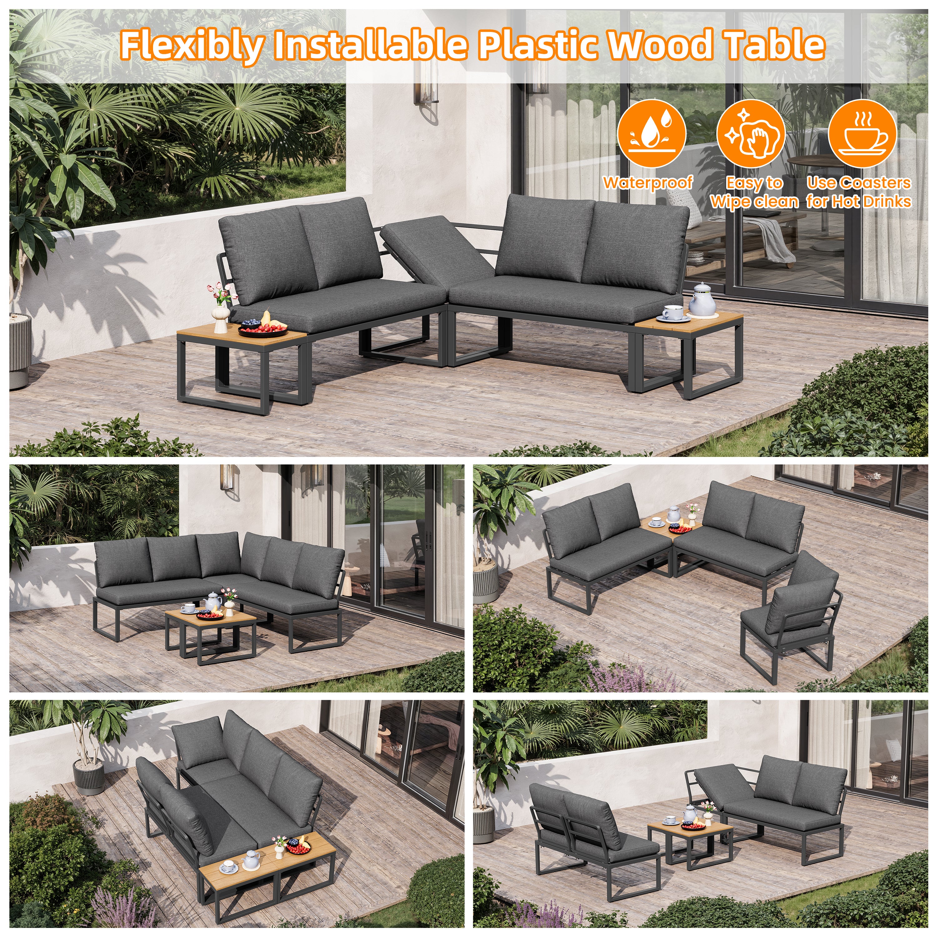 4-5 Seater Garden Outdoor Set with Flexibly Convertible Plastic Wood Tables, Adjustable Corner Sofa and Lounge Chair, Weather-Resistant Patio Furniture for Garden, Balcony and Terrace, Linen, Grey