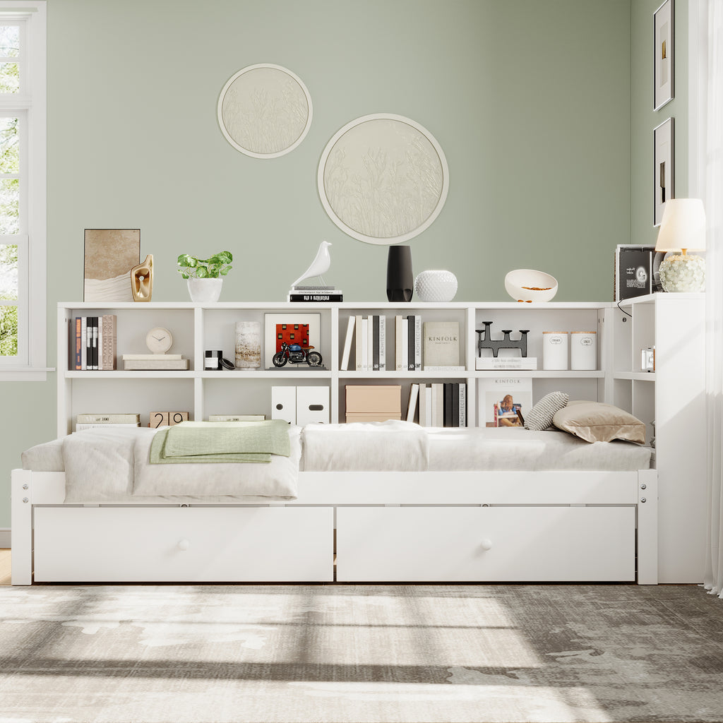3ft Single Daybed with Two Storage Drawers and Beside Storage, Modern Pull-out Trundle Bed with Charging Station, Wood Bed for Living Room/ Bedroom/ Study Room, 90X190cm, White (No Mattress)