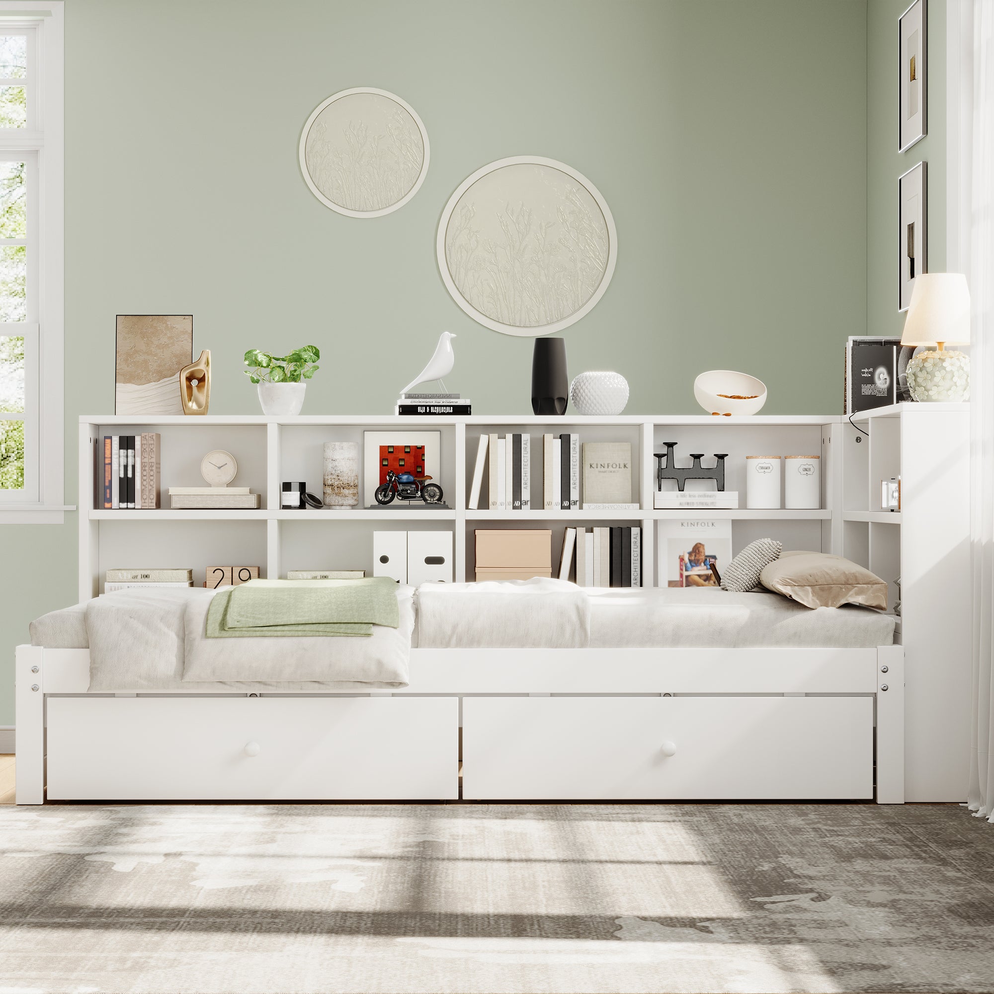 3ft Single Daybed with Two Storage Drawers and Beside Storage, Modern Pull-out Trundle Bed with Charging Station, Wood Bed for Living Room/ Bedroom/ Study Room, 90X190cm, White (No Mattress)