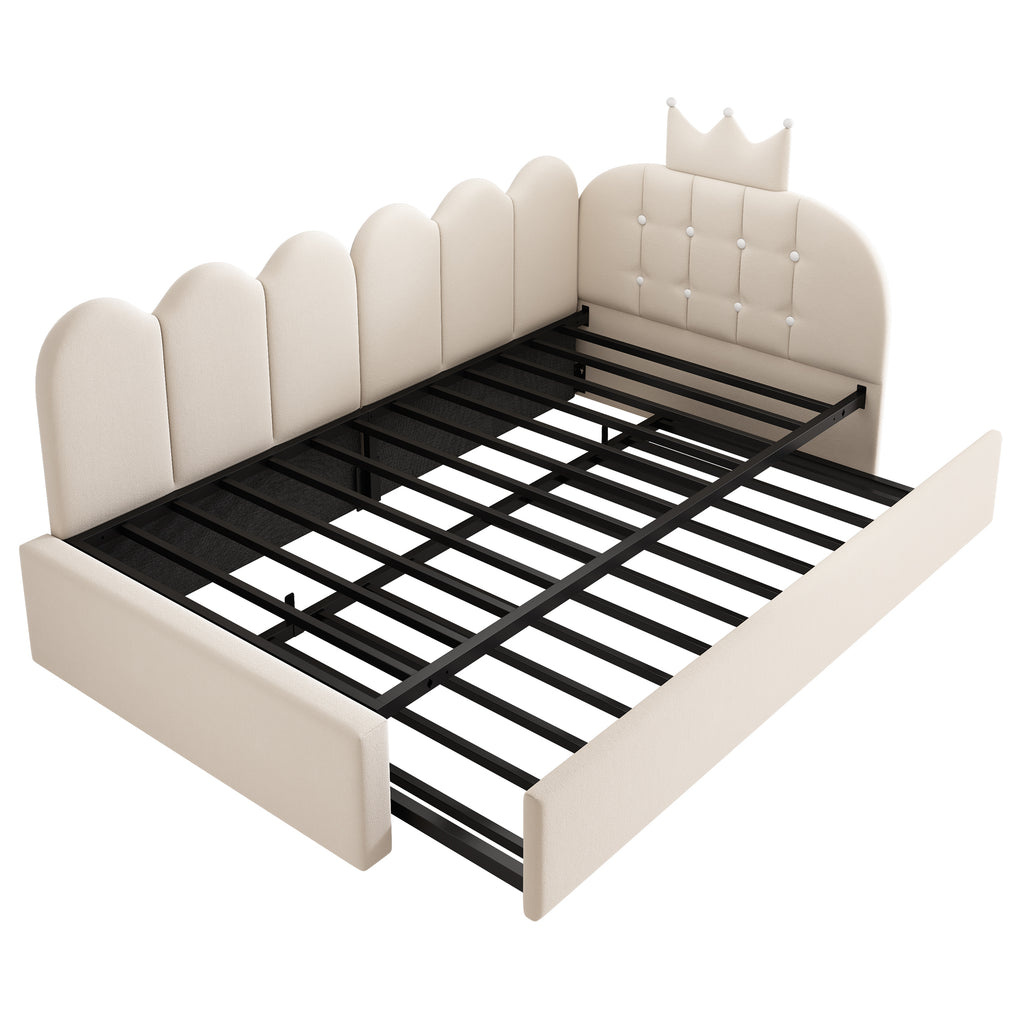 Upholstered Daybed with Pull-Out Bed, Crown-shaped Trundle Bed, 3FT Single Sofa Bed 90 x 190 cm, Guest Beds for Adults & Children, Bed with Metal Slatted Frame, Velvet, Beige (No Mattress)