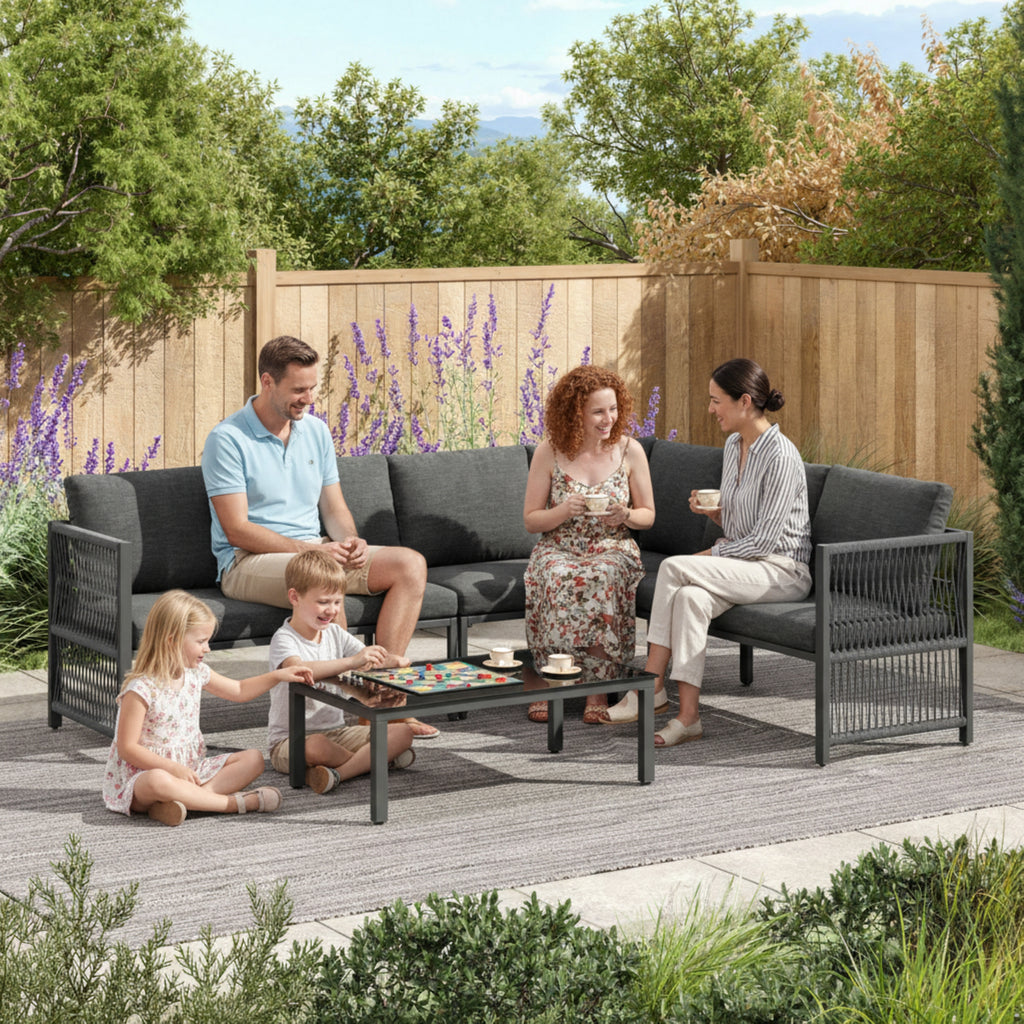 5-6 Seater Garden Furniture Set with Tempered Glass Coffee Table, L-Shaped Corner Sofa with Polyester Rope, Weatherproof Outdoor Patio Dining Lounge Set for Balcony and Terrace, Linen, Grey