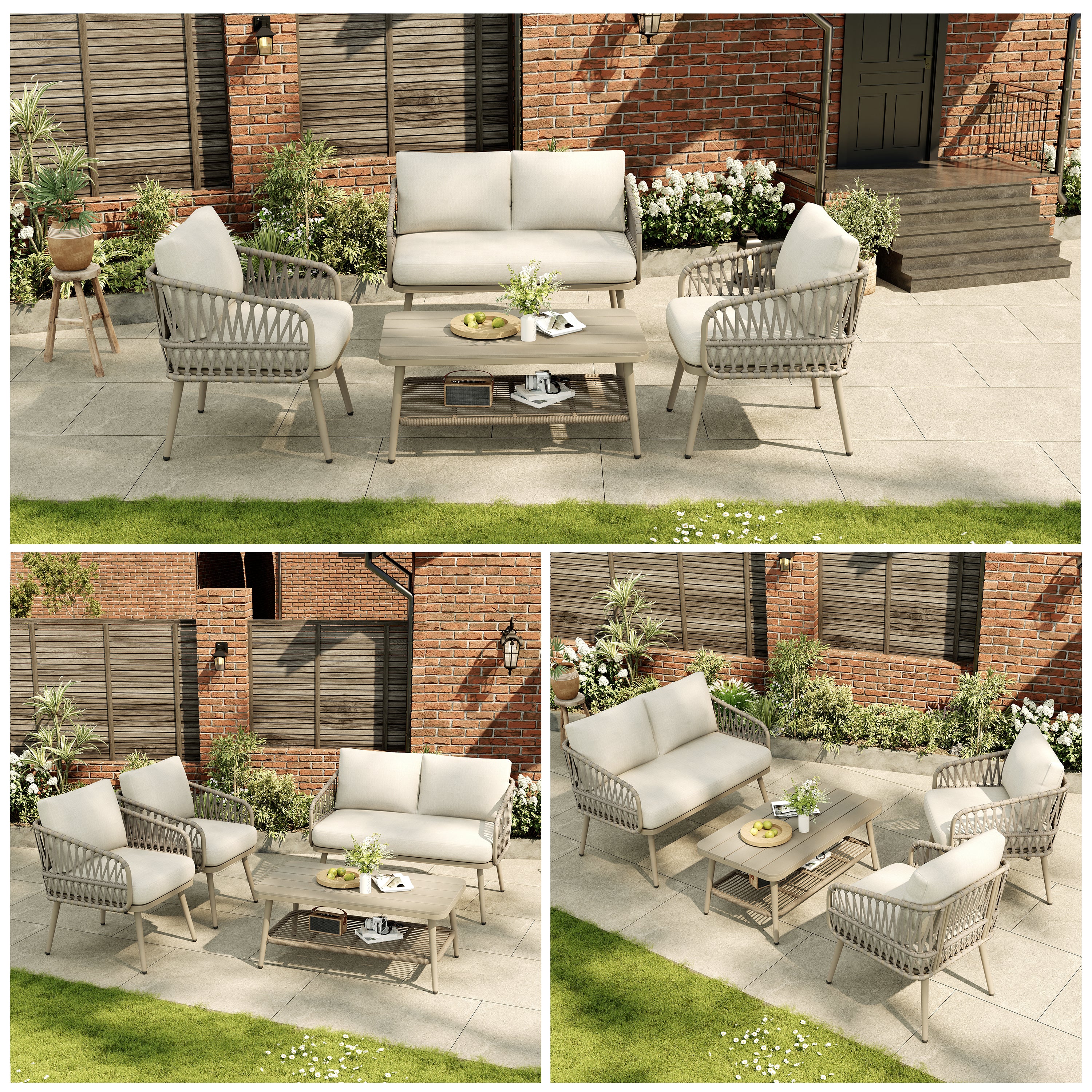 4 Seater Garden Set with Plastic Wood Storage Coffee Table, Polyester Rope Outdoor Set with Sofa and Armchairs, Weatherproof Outdoor Patio Sofa for Balcony and Terrace, Linen, Beige