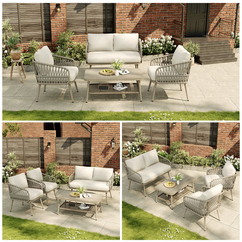 4 Seater Garden Set with Plastic Wood Storage Coffee Table, Polyester Rope Outdoor Set with Sofa and Armchairs, Weatherproof Outdoor Patio Sofa for Balcony and Terrace, Linen, Beige