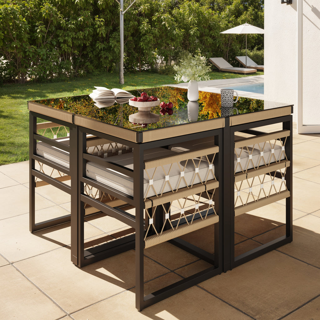 Hand-Woven Garden Sofa Set for 4 People / Made of Sturdy Iron with 4 Beige Cushions / Incl. 1 Safety Glass Table & 4 Armchairs / Weather-Resistant Patio Furniture