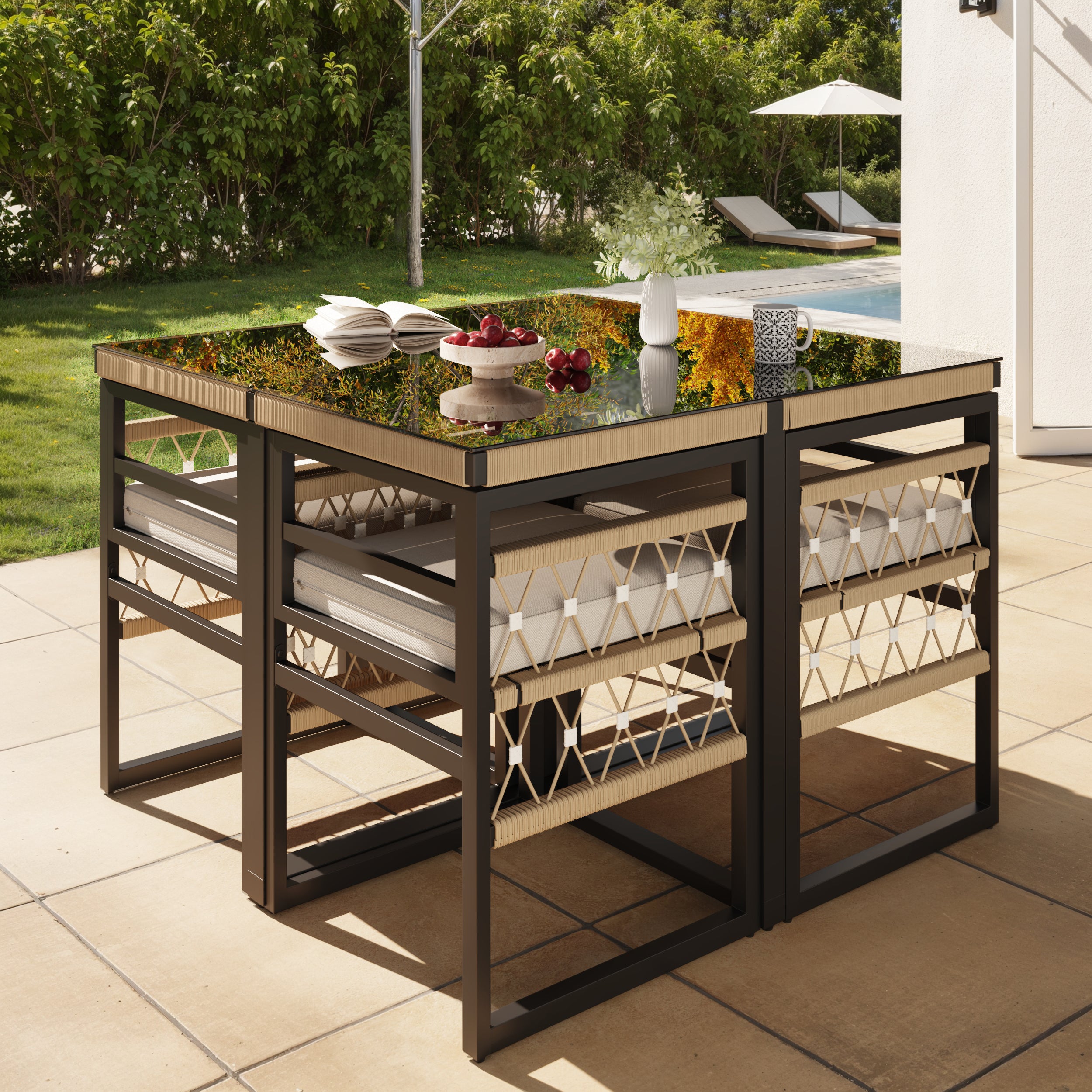Hand-Woven Garden Sofa Set for 4 People / Made of Sturdy Iron with 4 Beige Cushions / Incl. 1 Safety Glass Table & 4 Armchairs / Weather-Resistant Patio Furniture